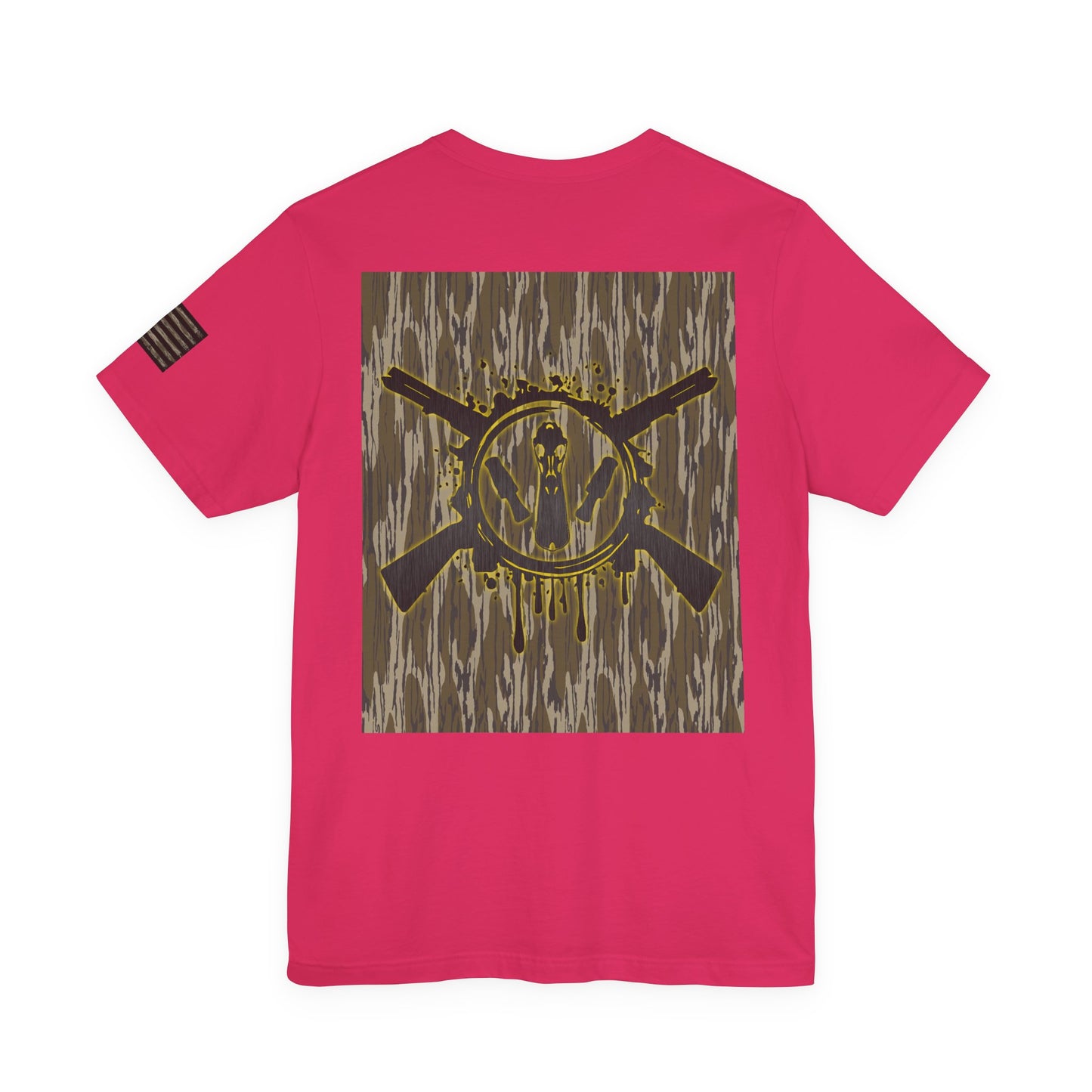 Duck Hunting Badge T-Shirt – Mossy Camo Print, Crossed Guns & Duck Skull Graphic