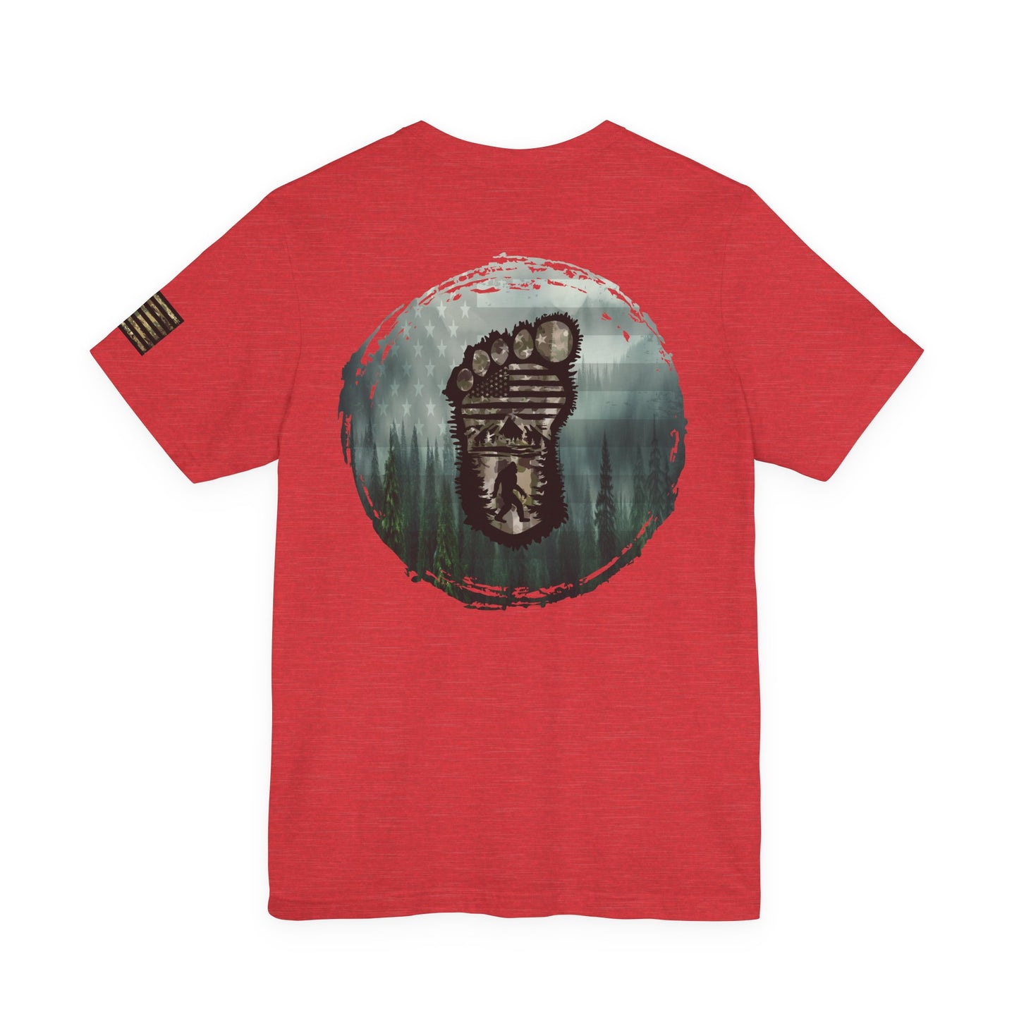Bigfoot American Flag Camo Tee, Patriotic Sasquatch Shirt, USA Yetti Top, Men's Women's Unisex T-shirt, Cryptid Camouflage