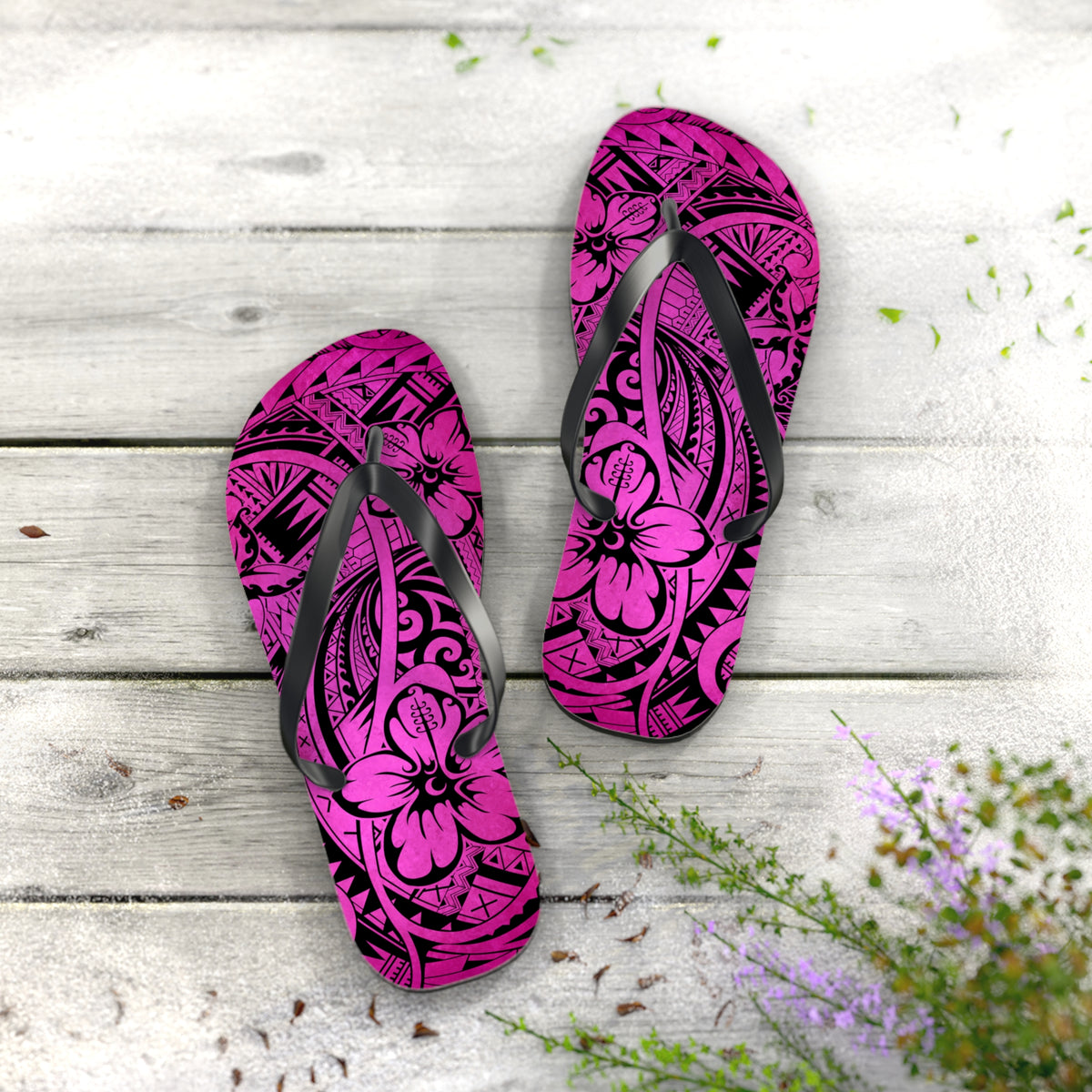Polynesian Pink Flip Flops - Boho Beach Footwear, Summer Sandals, Vacation Shoes, Hibiscus Print, Gift for Her