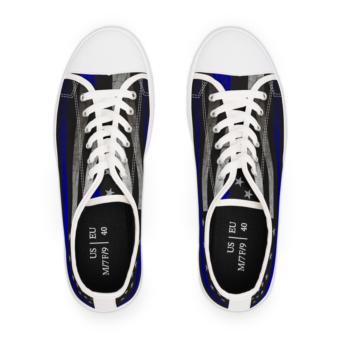 Thin Blue Line American Flag Sneakers – Black & Blue Low Top Canvas Shoes for Women, Police Support, Patriotic Streetwear
