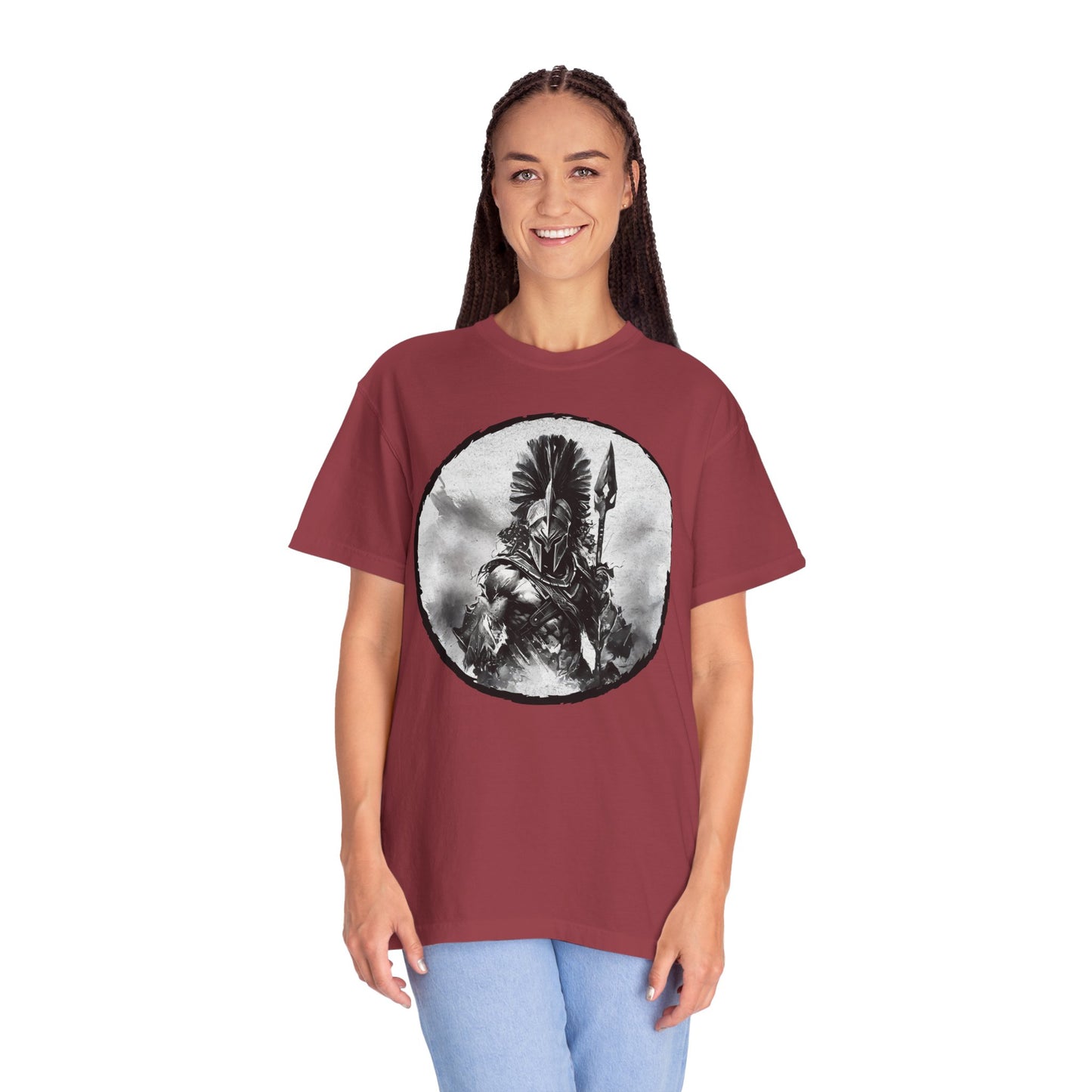 Spartan Warrior T-Shirt – Greek Helmet Circle Design Front & Spear Back | Warrior Graphic Tee