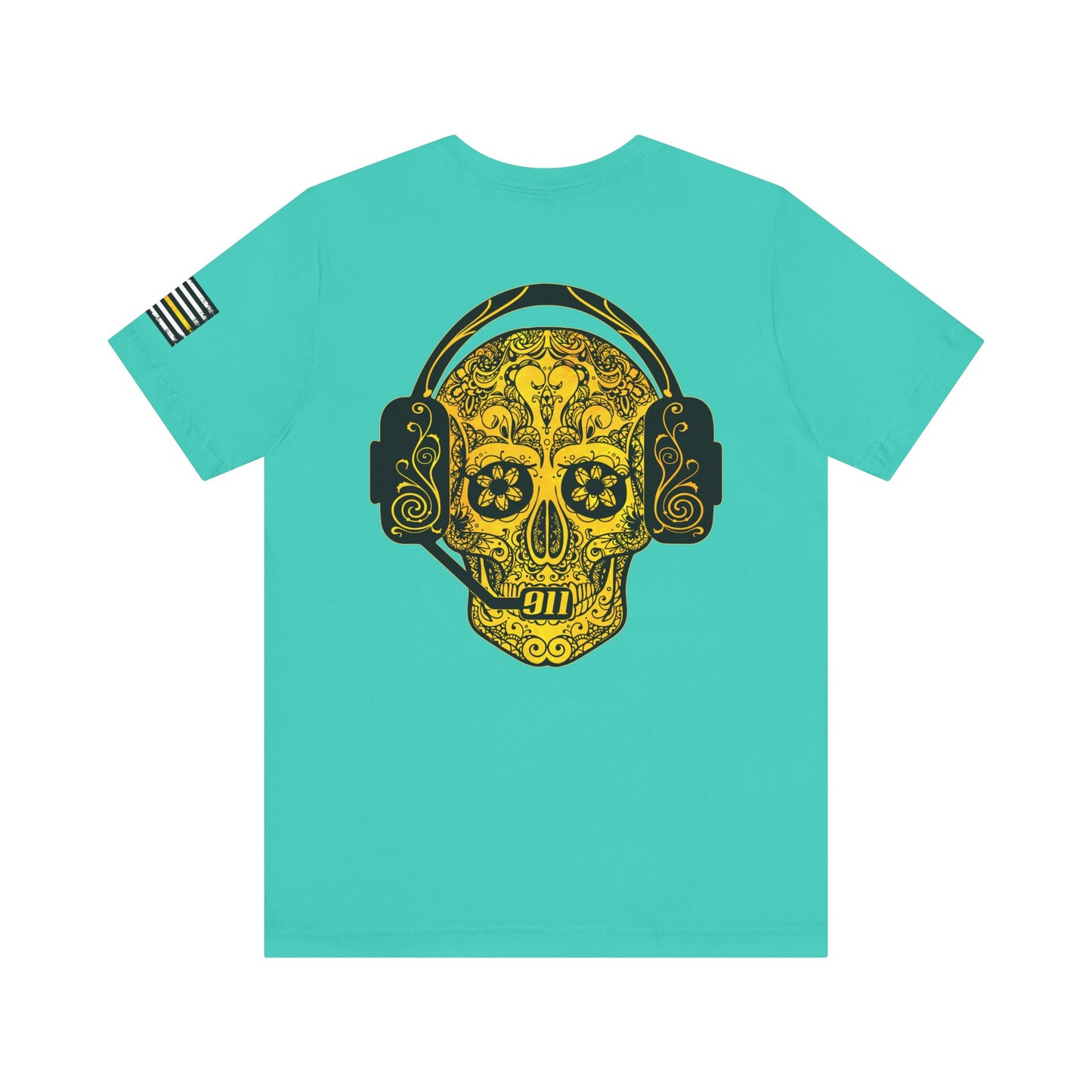 911 Dispatcher Sugar Skull Unisex Tee, Dispatcher Gift, Day of the Dead Shirt, Thin Gold Line,