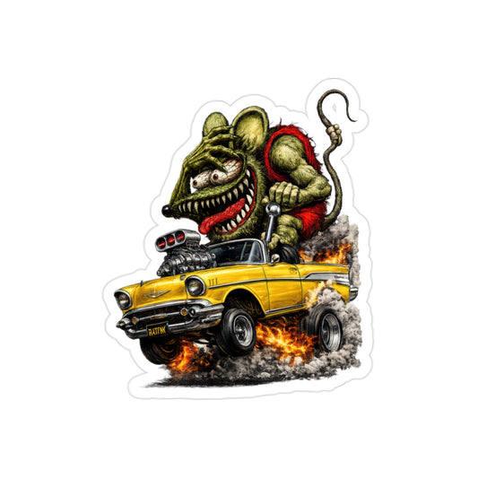 Crazy Rat Gasser Sticker | 1957 Yellow Chevy Bel Air Hot Rod Muscle Car Decal | Vintage Drag Racing Monster Art | Transparent Vinyl Sticker