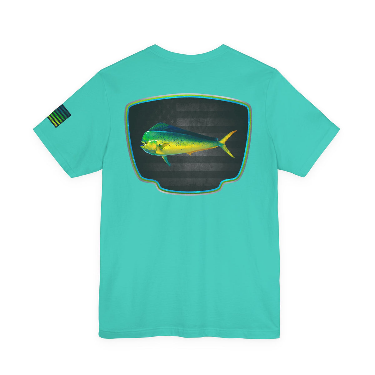 Mahi Mahi Badge Tee with Blackout Flag – Patriotic Saltwater Fishing Shirt
