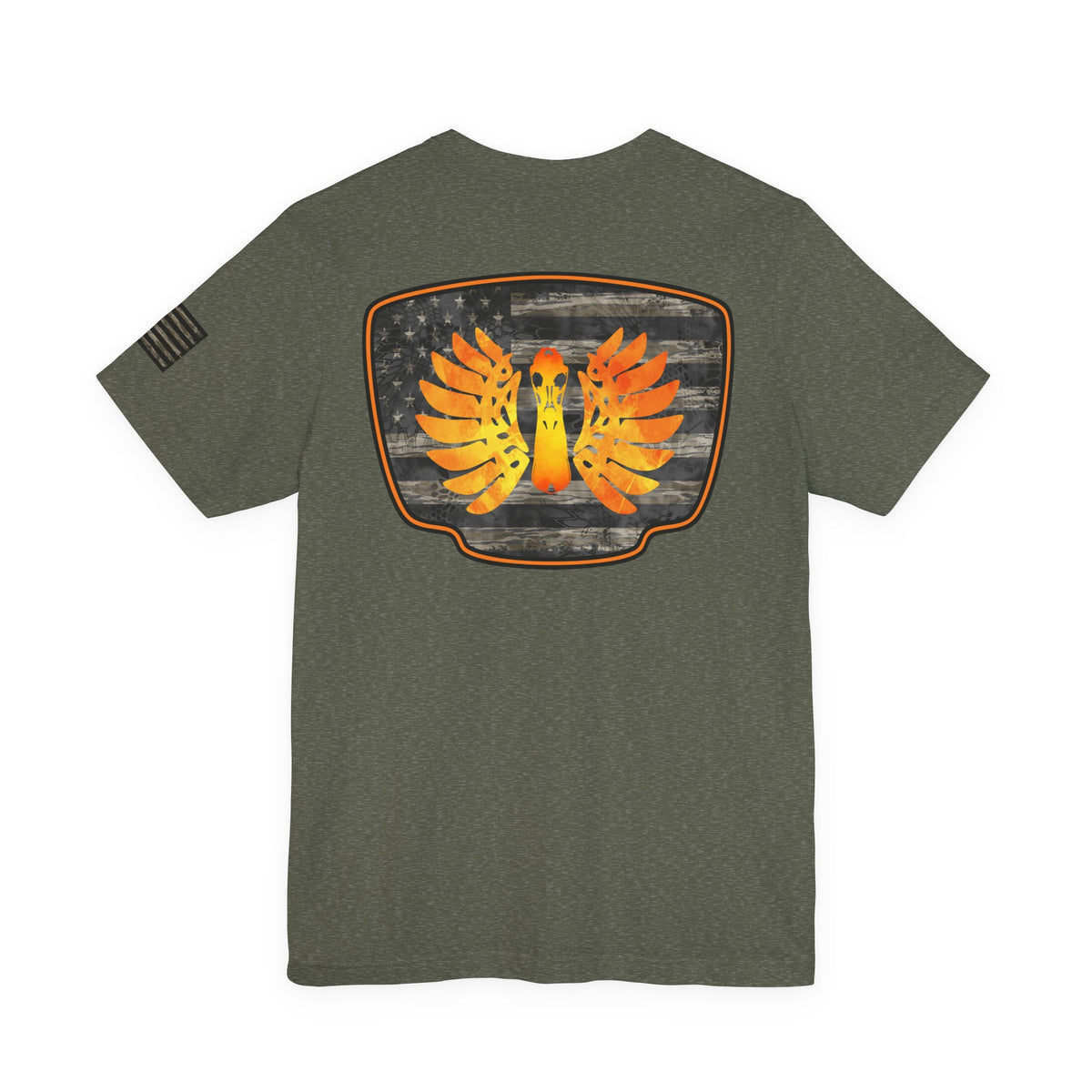 Duck Hunt Badge T-Shirt – Mossy Camo Print, Crossed Guns & Duck Skull Graphic