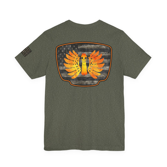 Duck Hunt Badge T-Shirt – Mossy Camo Print, Crossed Guns & Duck Skull Graphic