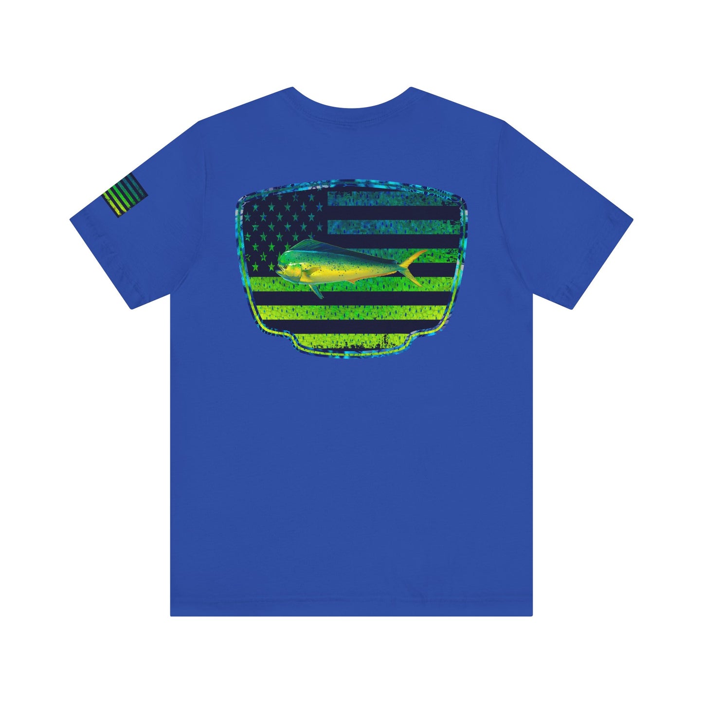 Patriotic Mahi Mahi Flag Tee – Grunge Fishing Badge Shirt for Outdoor Lovers