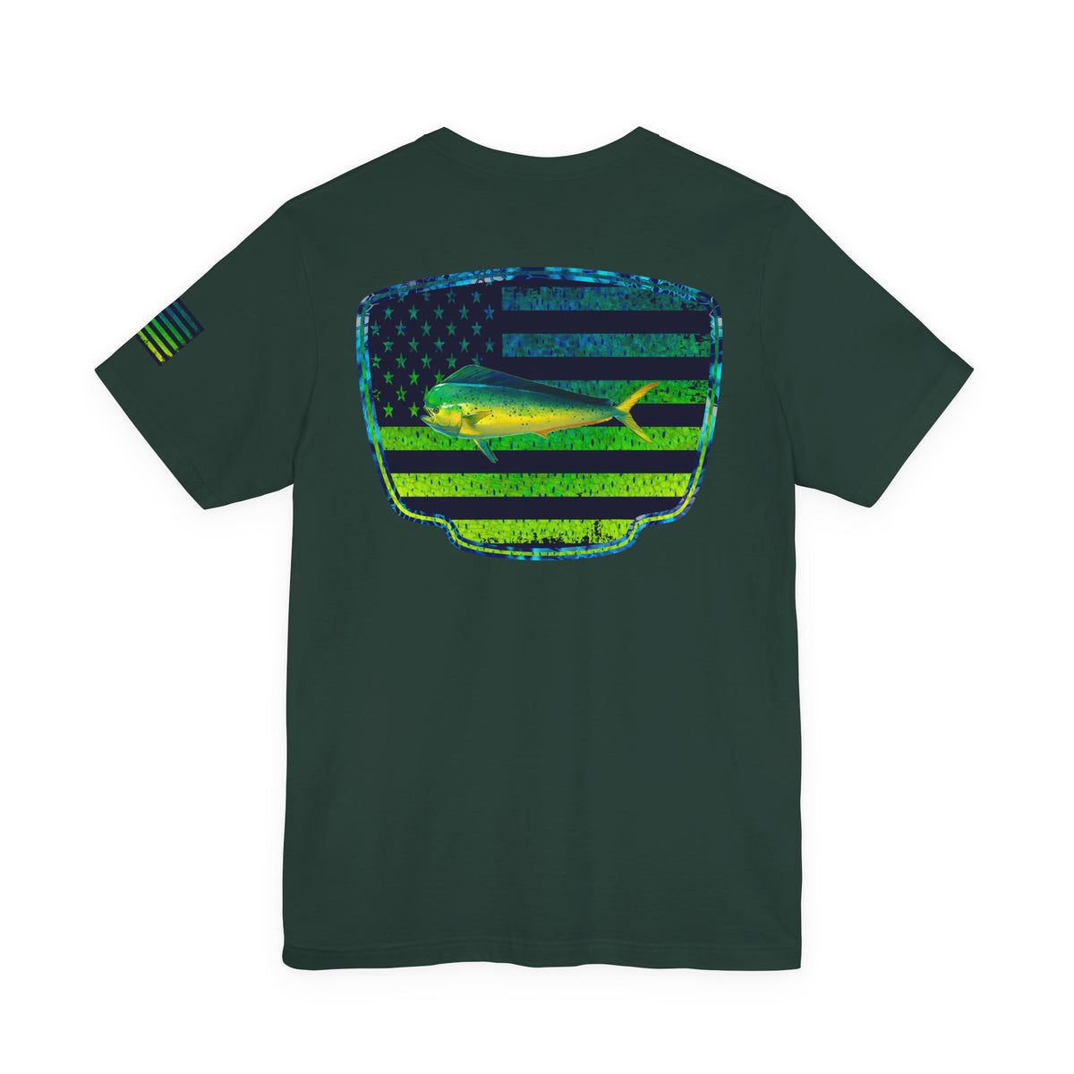 Patriotic Mahi Mahi Flag Tee – Grunge Fishing Badge Shirt for Outdoor Lovers