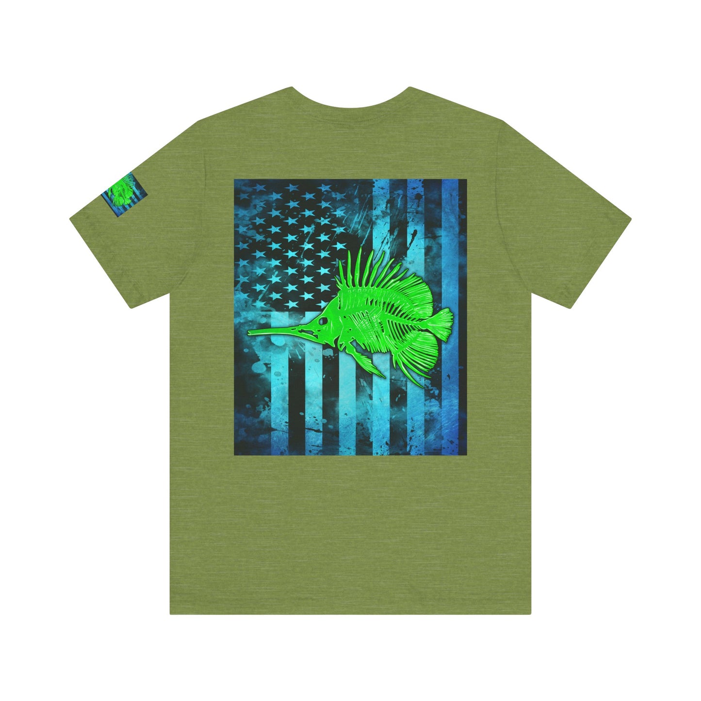 Green Fish Grunge American Flag Tee, Patriotic USA Shirt, Vintage American Flag