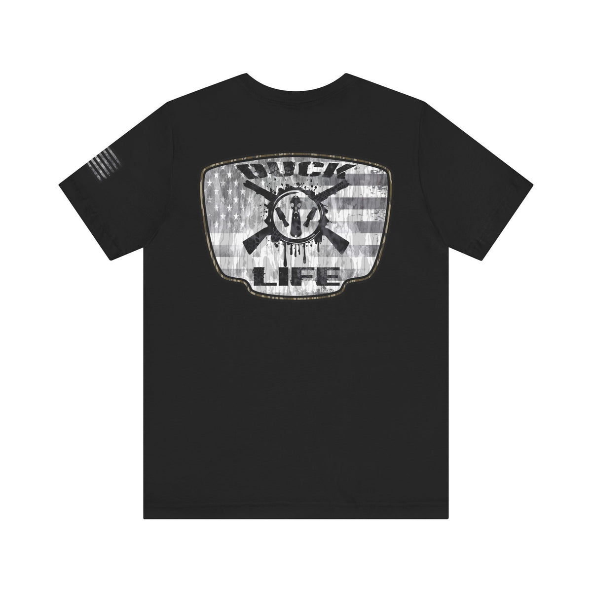 White American Flag Duck Hunting Badge T-Shirt – Mossy Camo Print, Crossed Guns & Duck Skull Graphic