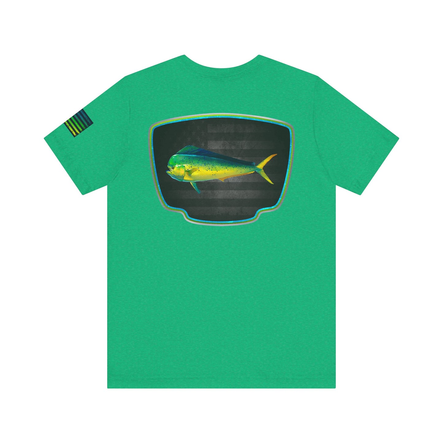 Mahi Mahi Badge Tee with Blackout Flag – Patriotic Saltwater Fishing Shirt