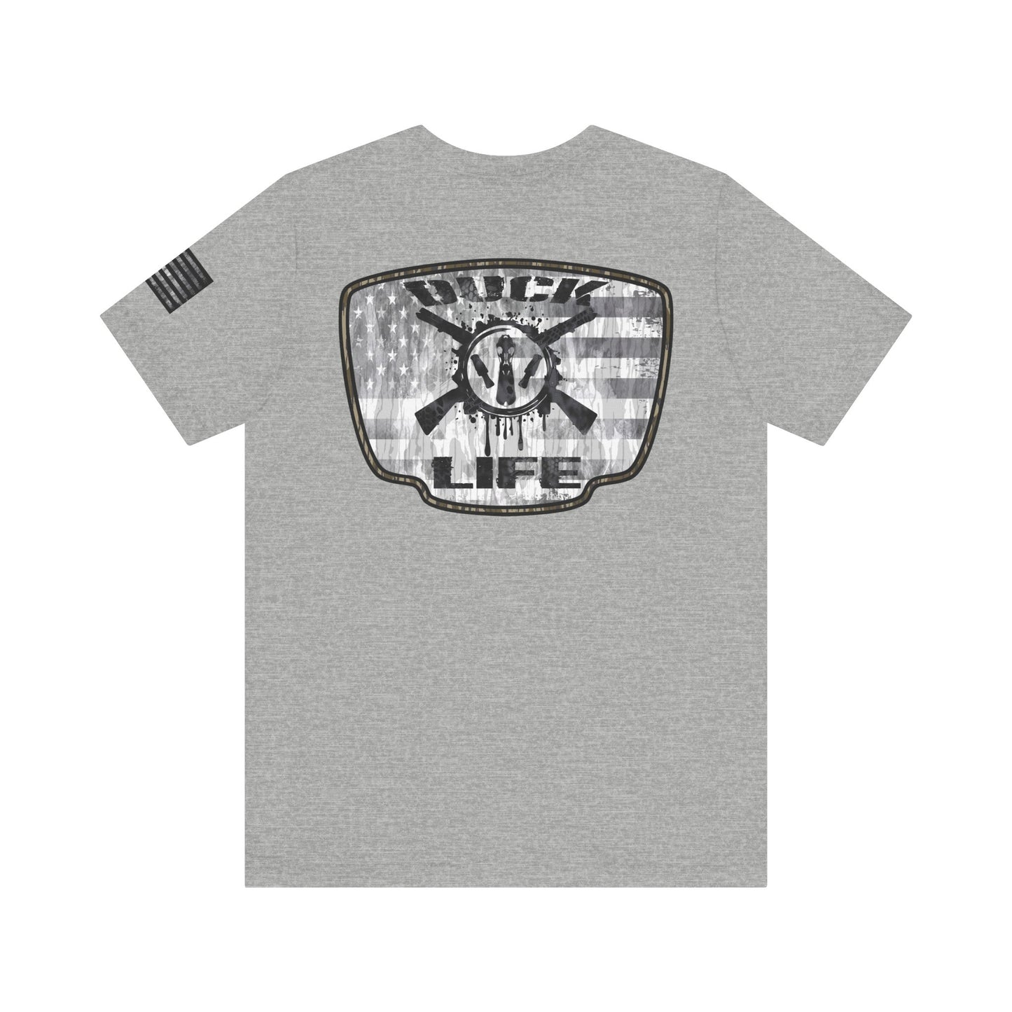 White American Flag Duck Hunting Badge T-Shirt – Mossy Camo Print, Crossed Guns & Duck Skull Graphic