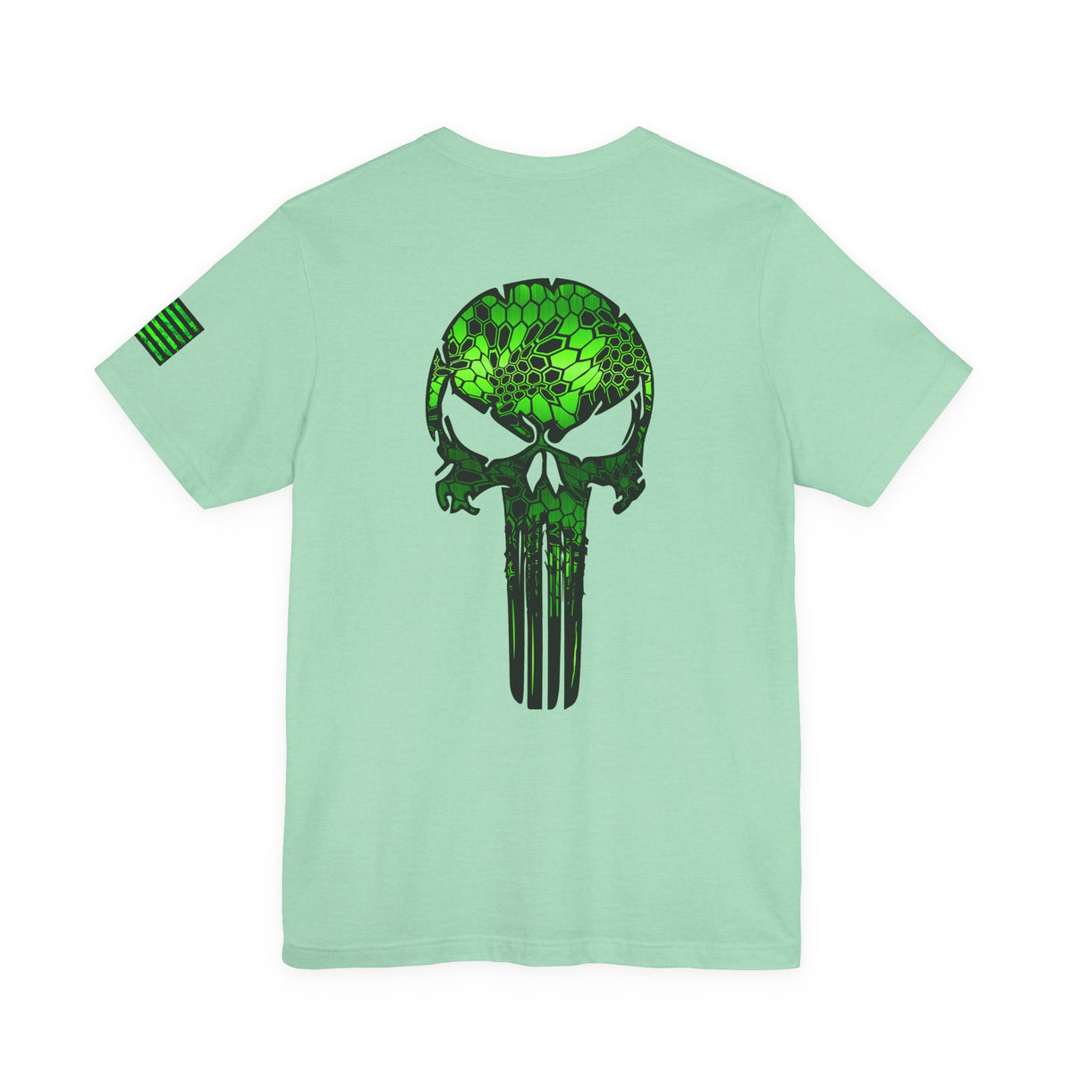 Green Punisher Skull with Hex Camo – Tactical Military Style Grunge Tee