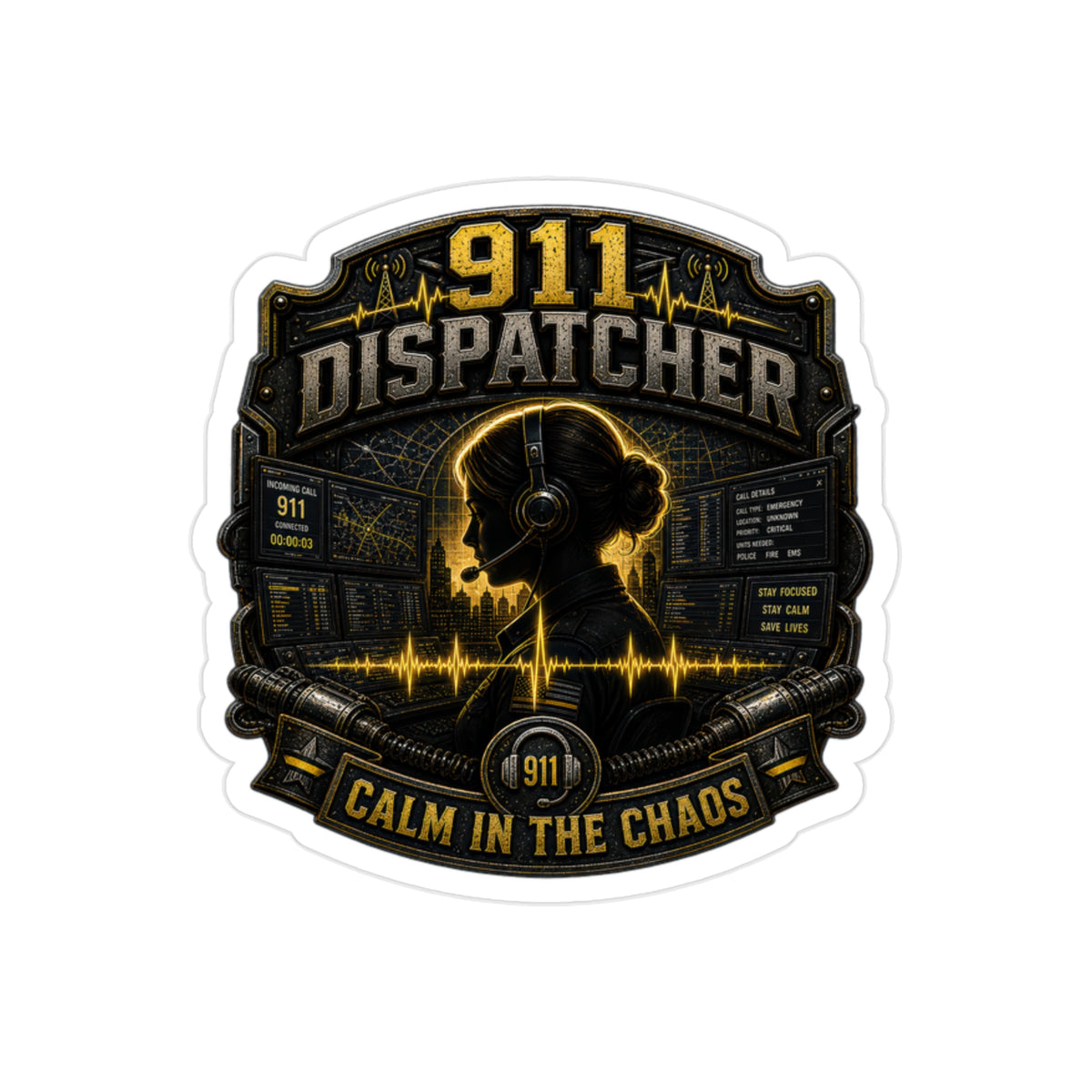 911 Dispatcher Calm In The Chaos Sticker | Emergency Dispatch Operator Decal | Thin Yellow Line Art (Outdoor Transparent)