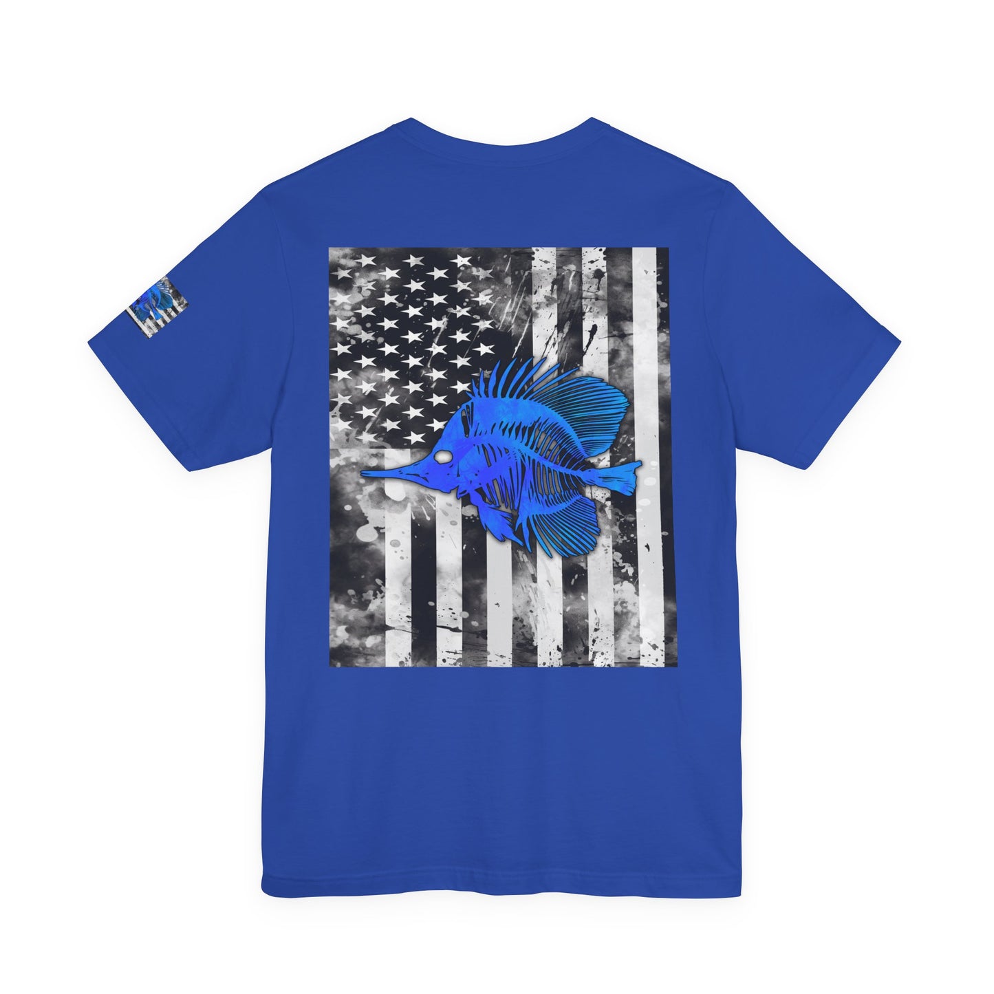 Blue Fish Skeleton Grunge American Flag Tee, Patriotic USA Shirt, Vintage American Flag