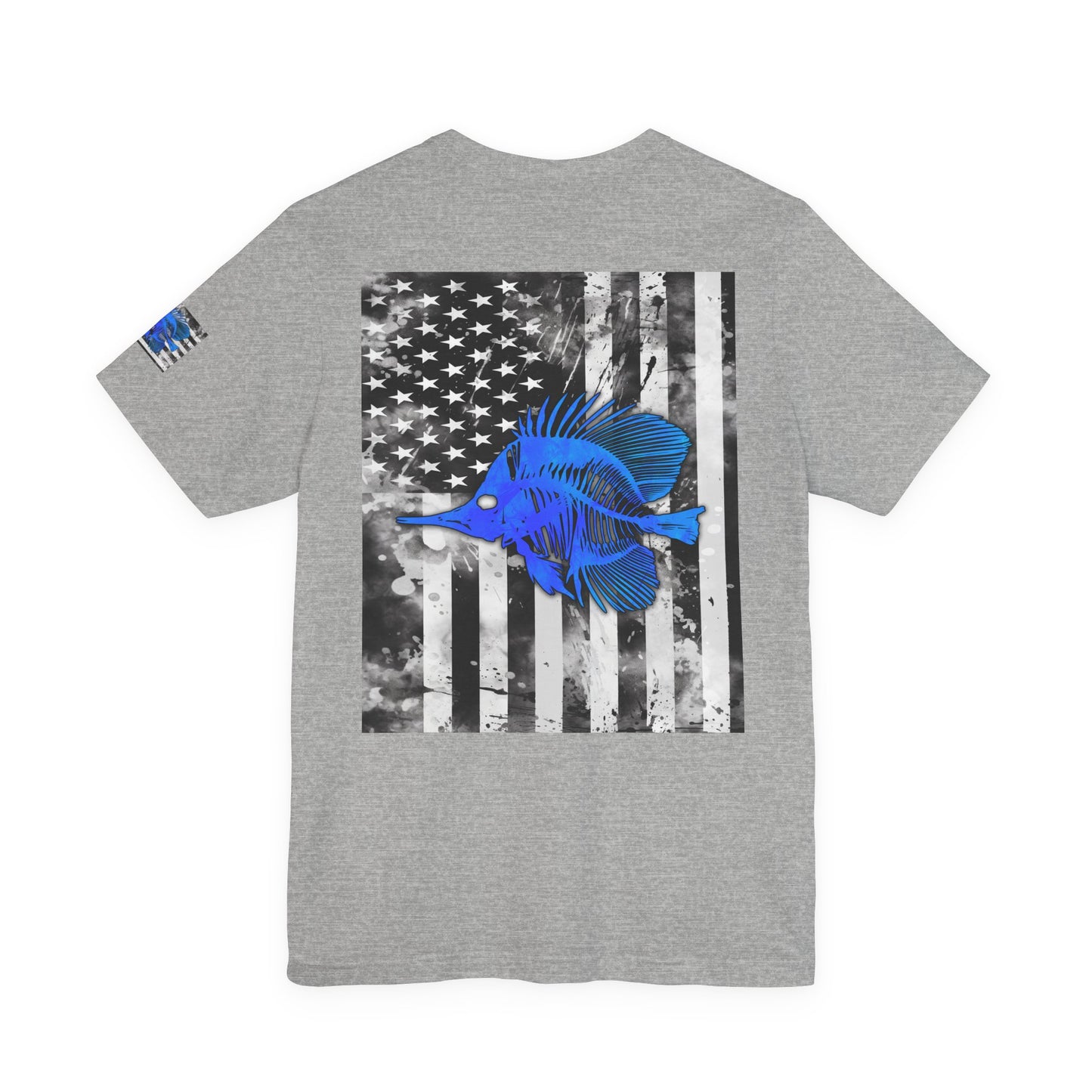 Blue Fish Skeleton Grunge American Flag Tee, Patriotic USA Shirt, Vintage American Flag