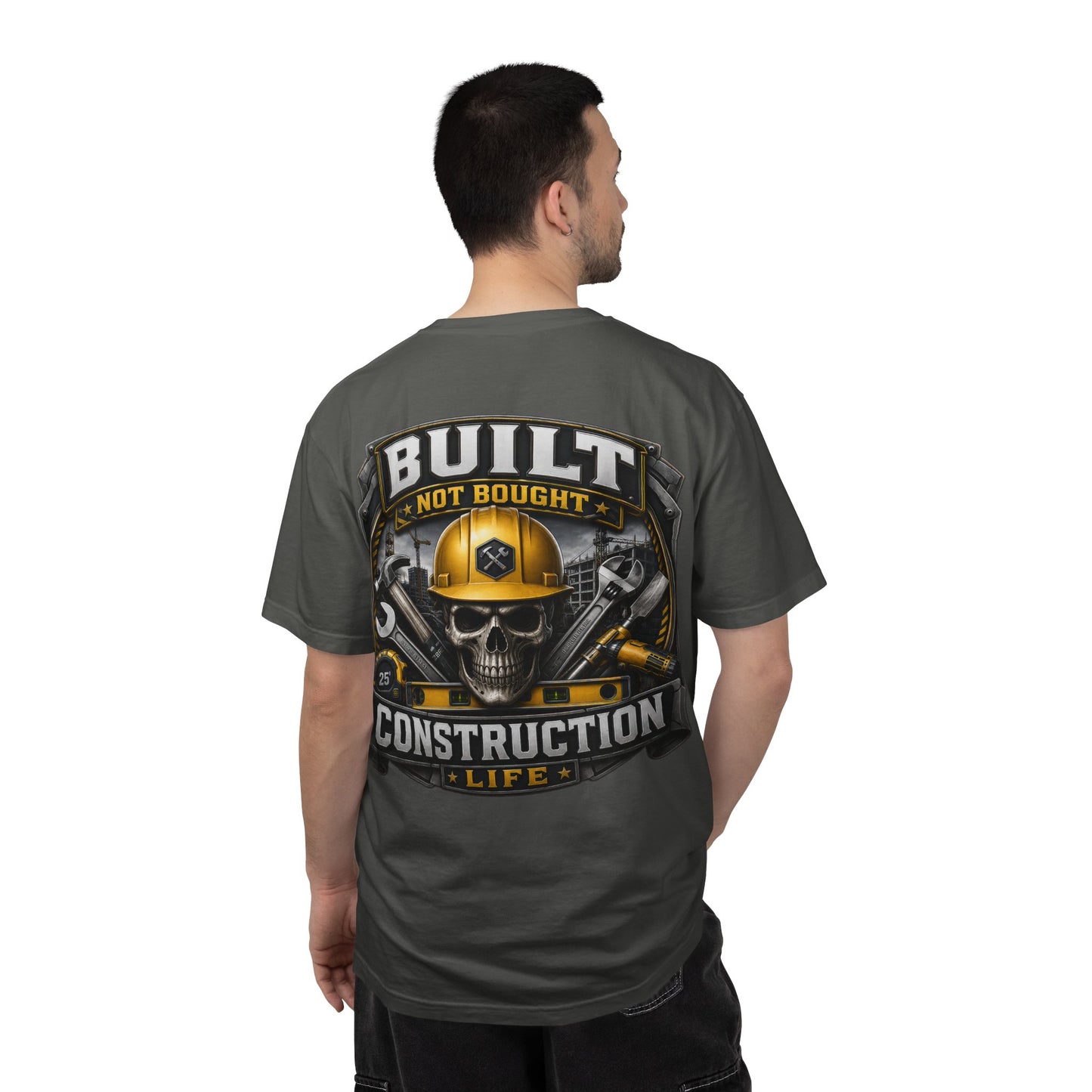 Construction Life T-Shirt — "Built Not Bought" Skull & Hard Hat Crew Tee
