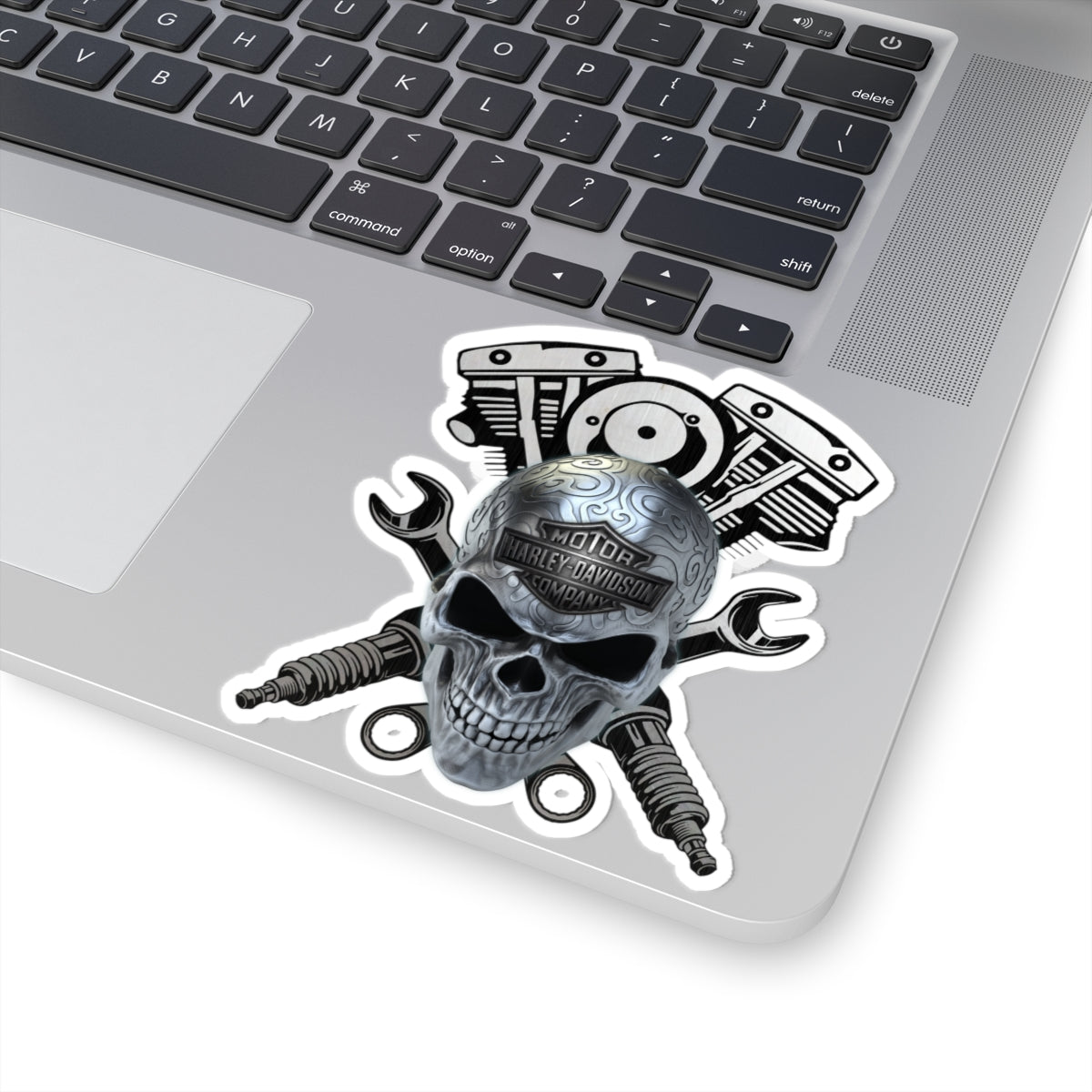 Chrome Skull HD Mechanic Sticker | Wrenches & Engine Harley Decal for Garage, Helmet & Toolboxes, ArtKiss-Cut Stickers