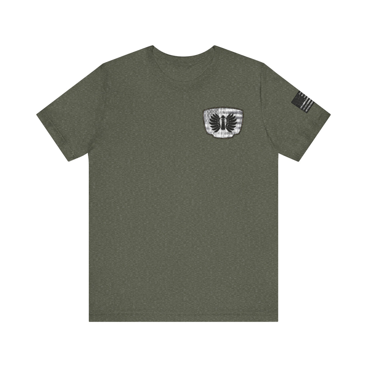 Duck Hunting American Flag Badge T-Shirt – Mossy Camo Print, Crossed Guns & Duck Skull Graphic