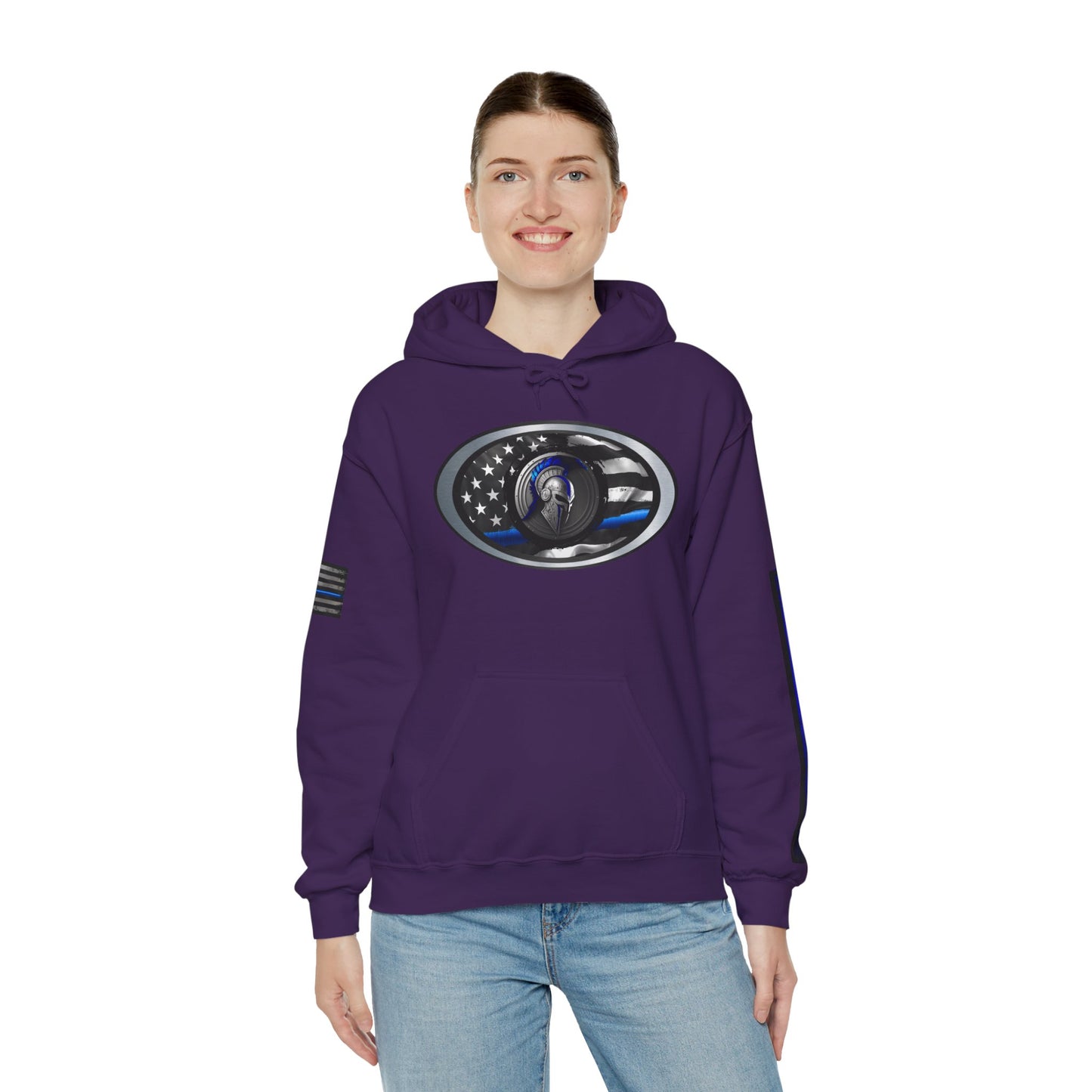 Spartan Thin Blue Line Flag Hoodie – Warrior Helmet Patriotic Sweatshirt for Police Supporters