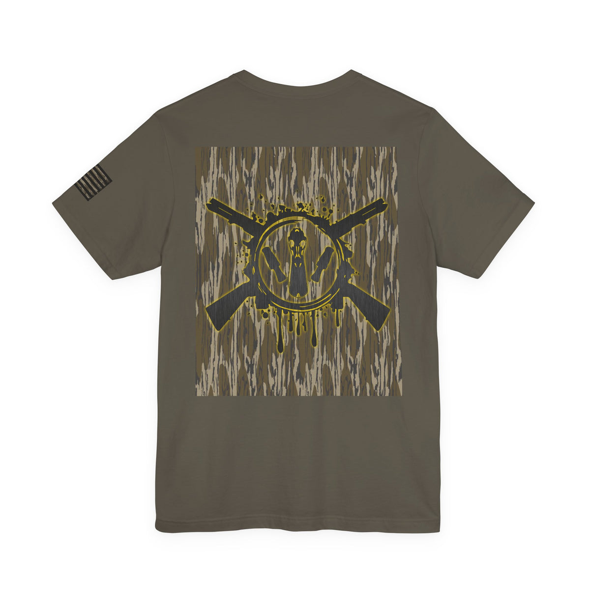 Duck Hunting Badge T-Shirt – Mossy Camo Print, Crossed Guns & Duck Skull Graphic