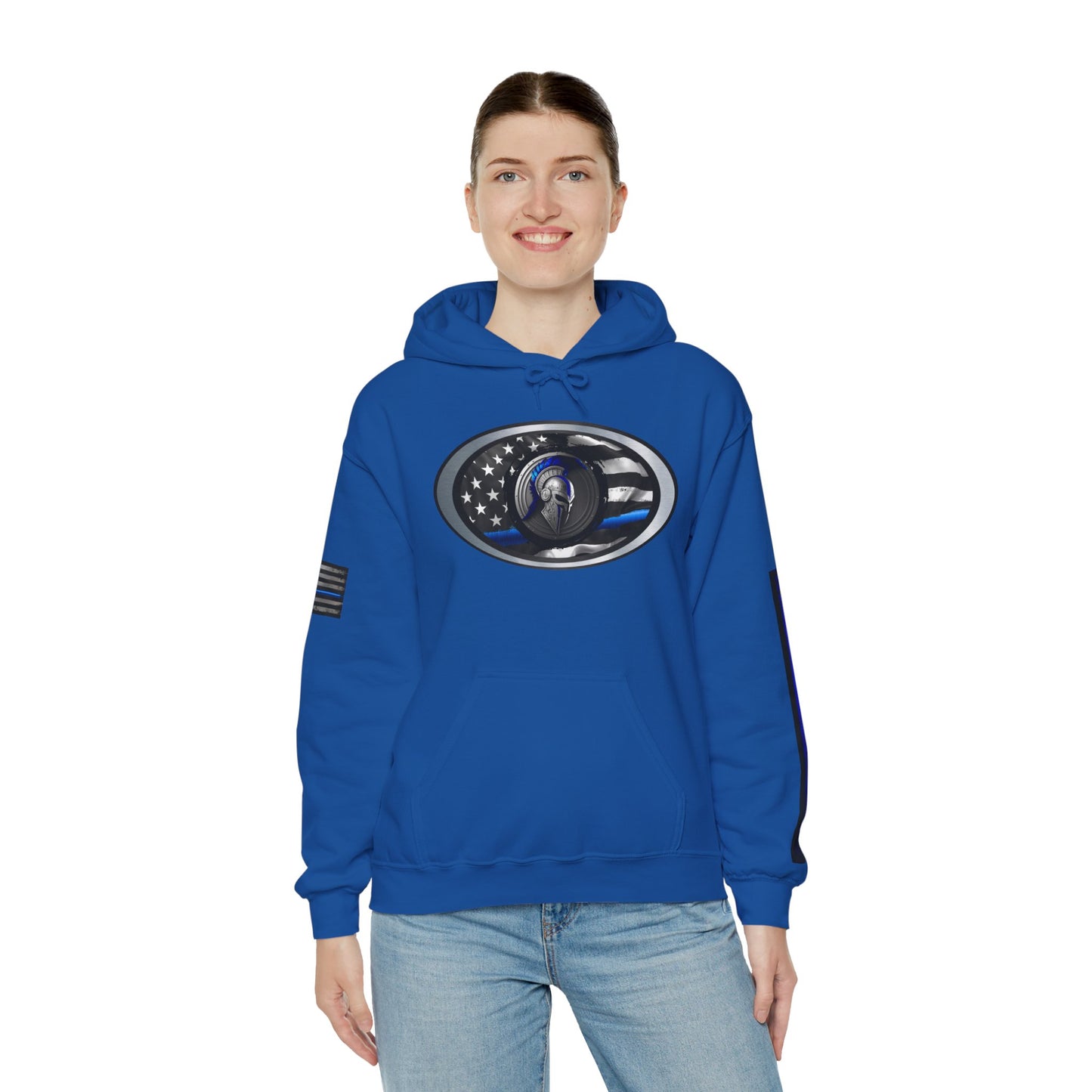 Spartan Thin Blue Line Flag Hoodie – Warrior Helmet Patriotic Sweatshirt for Police Supporters