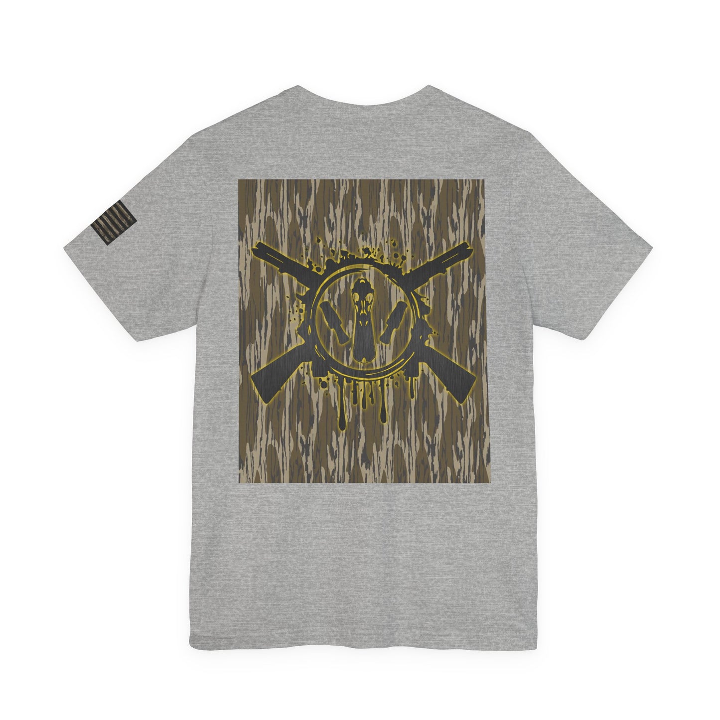 Duck Hunting Badge T-Shirt – Mossy Camo Print, Crossed Guns & Duck Skull Graphic