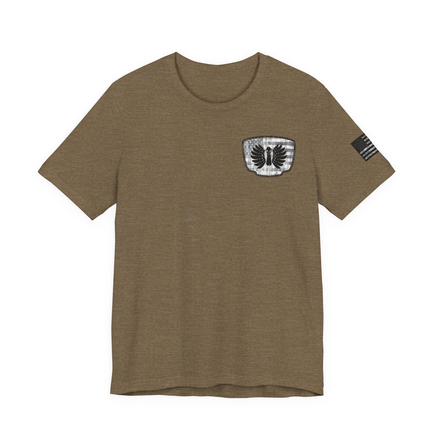 Duck Hunting American Flag Badge T-Shirt – Mossy Camo Print, Crossed Guns & Duck Skull Graphic