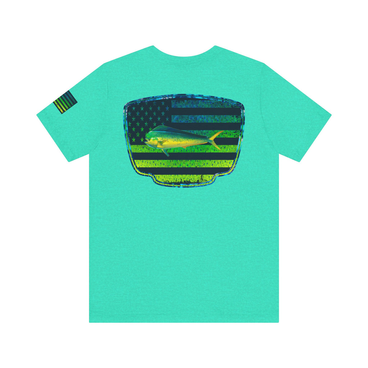 Patriotic Mahi Mahi Flag Tee – Grunge Fishing Badge Shirt for Outdoor Lovers