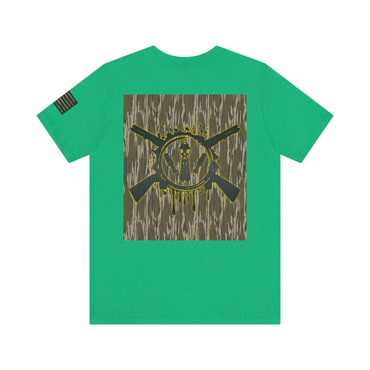 Duck Hunting Badge T-Shirt – Mossy Camo Print, Crossed Guns & Duck Skull Graphic