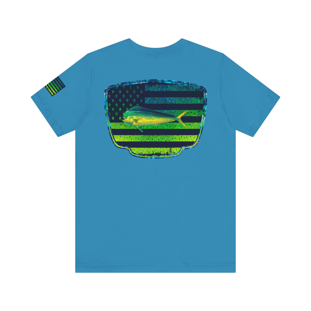 Patriotic Mahi Mahi Flag Tee – Grunge Fishing Badge Shirt for Outdoor Lovers