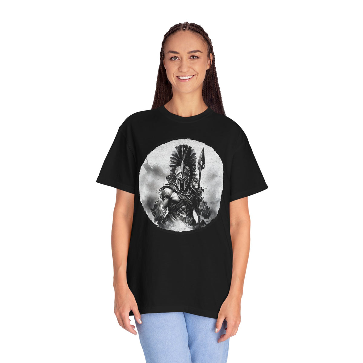 Spartan Warrior T-Shirt – Greek Helmet Circle Design Front & Spear Back | Warrior Graphic Tee