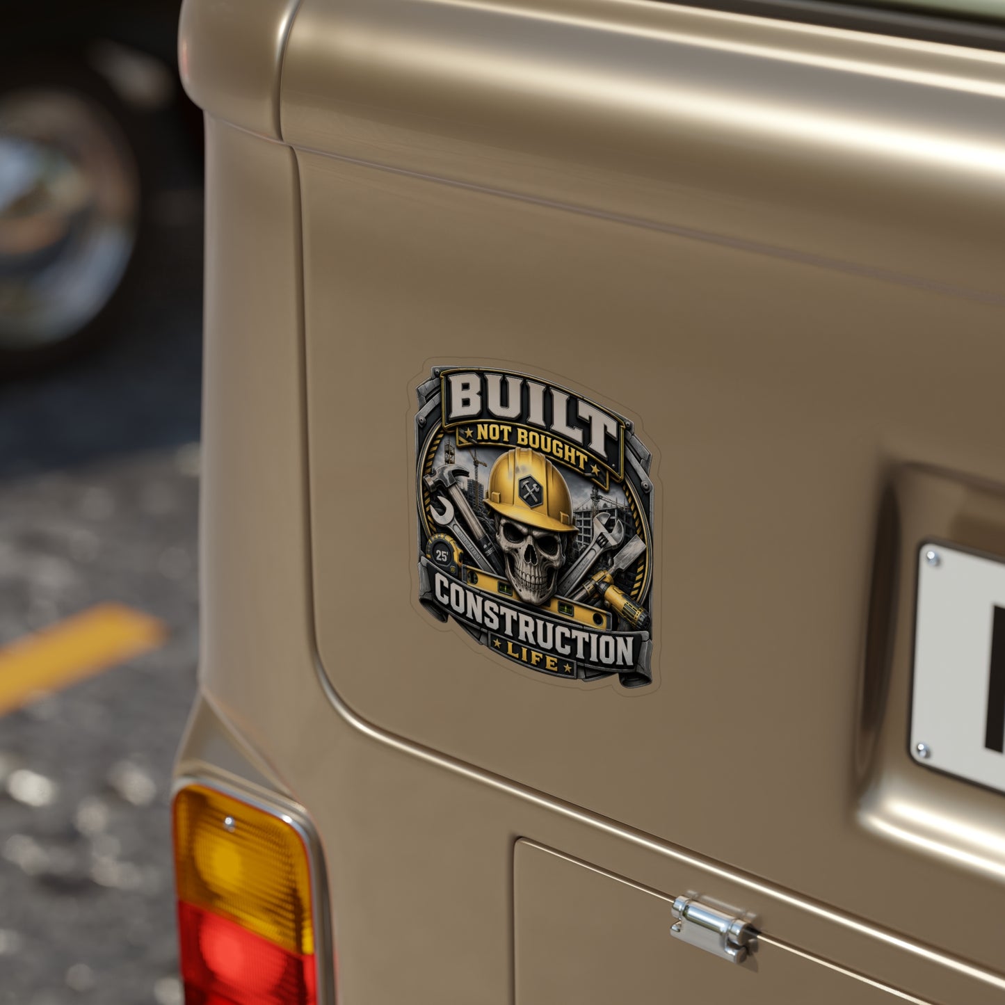 Built Not Bought Construction Life Sticker | Blue Collar Builder Skull Decal | Tradesman Tool Art (Outdoor Transparent)