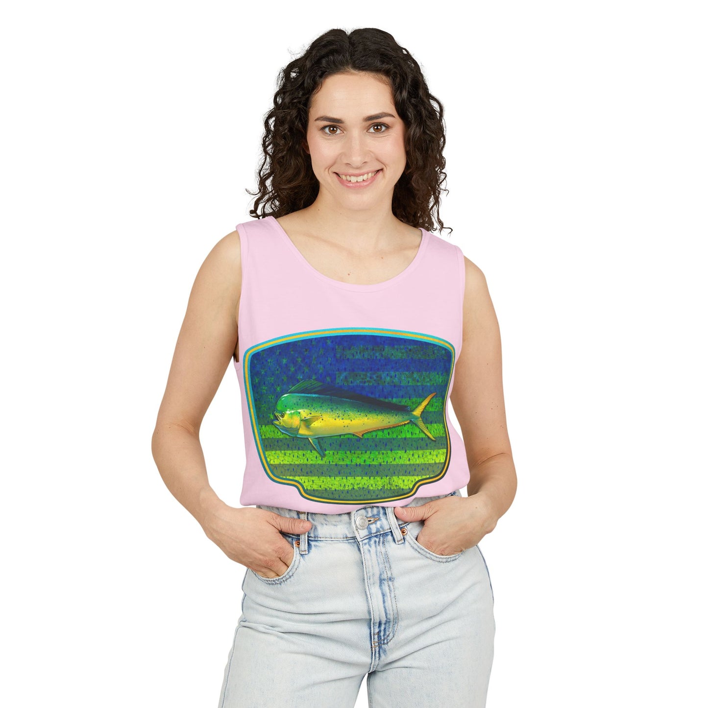American Mahi Mahi Graphic Tank Top, Summer Apparel, Outdoors Shirt, Fishing Gear, Beachwear, Gifts for Anglers