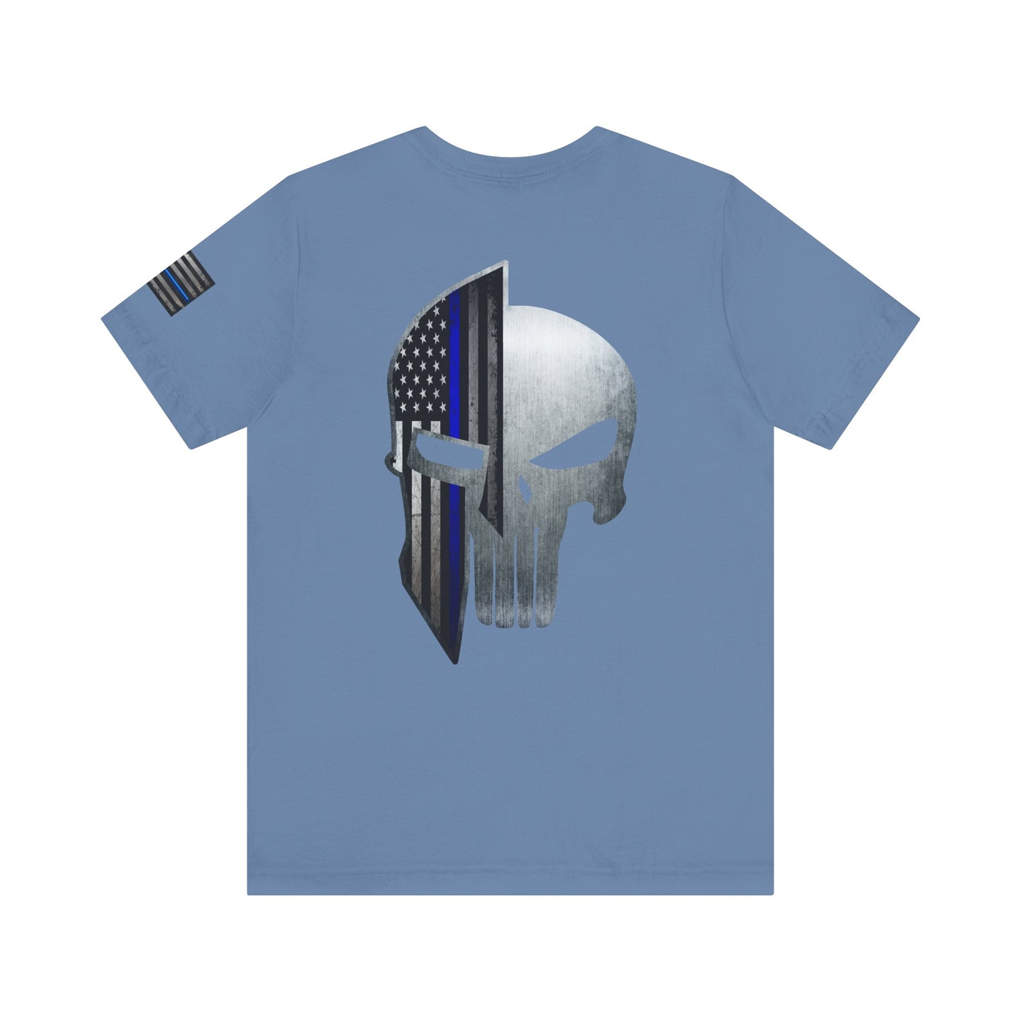 Grunge Metal Spartan Thin Blue Line American Flag T-Shirt – Honor & Valor Police Tribute Tee