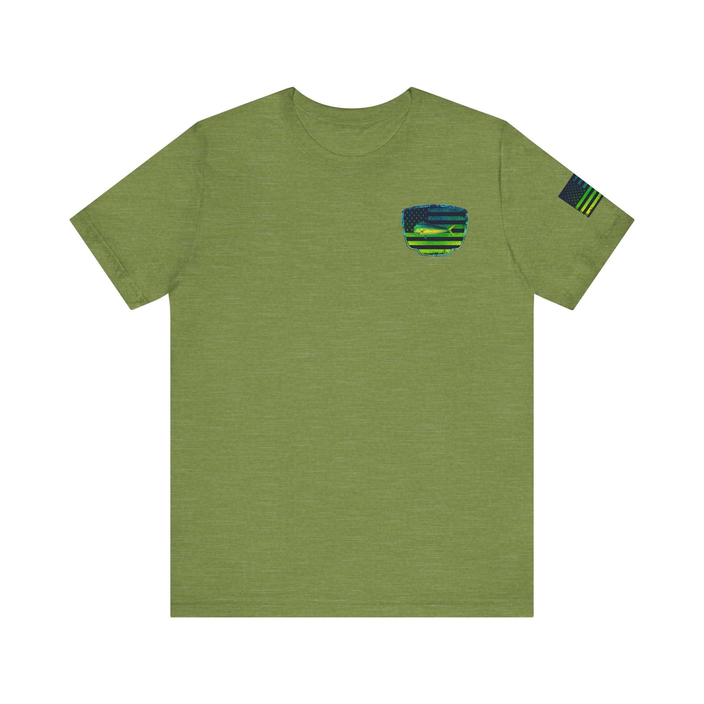 Patriotic Mahi Mahi Flag Tee – Grunge Fishing Badge Shirt for Outdoor Lovers
