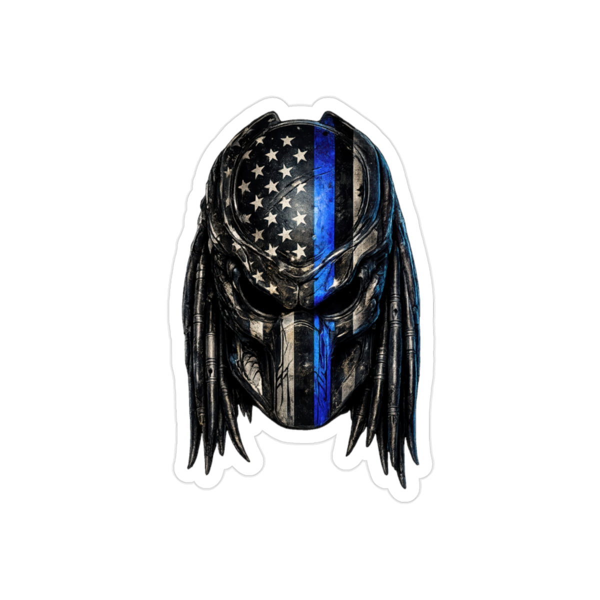 Thin Blue Line Predator Mask Sticker | American Flag Hunter Helmet Decal | Police Support Sci-Fi Inspired Art | Transparent Vinyl Sticker