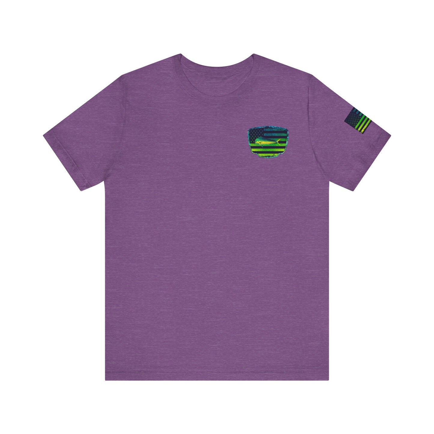 Patriotic Mahi Mahi Flag Tee – Grunge Fishing Badge Shirt for Outdoor Lovers