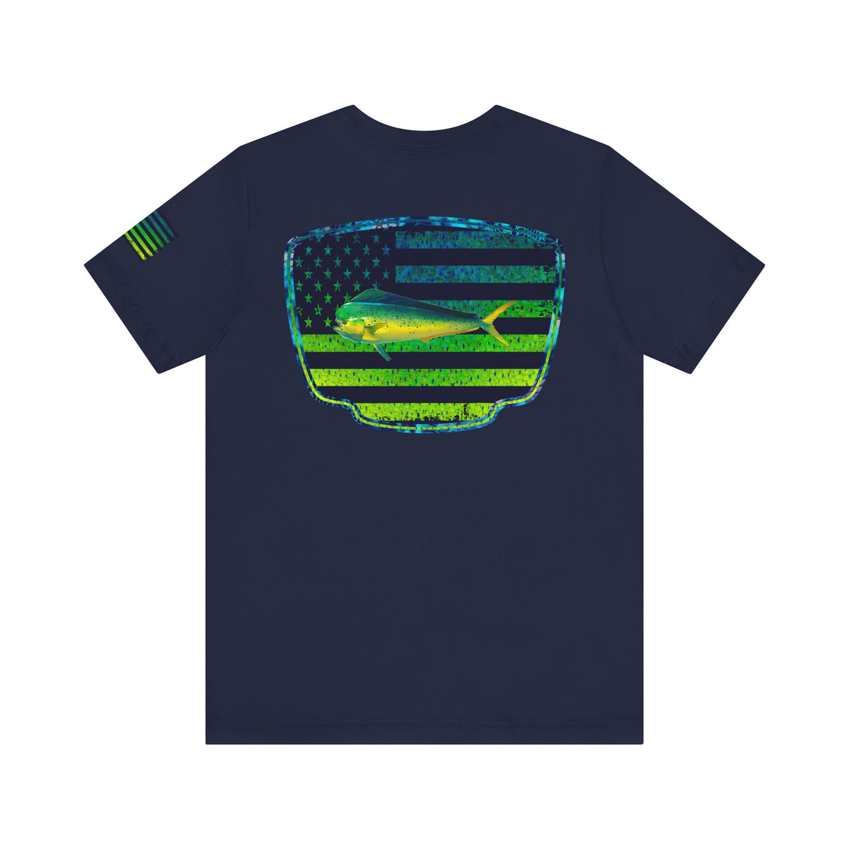 Patriotic Mahi Mahi Flag Tee – Grunge Fishing Badge Shirt for Outdoor Lovers