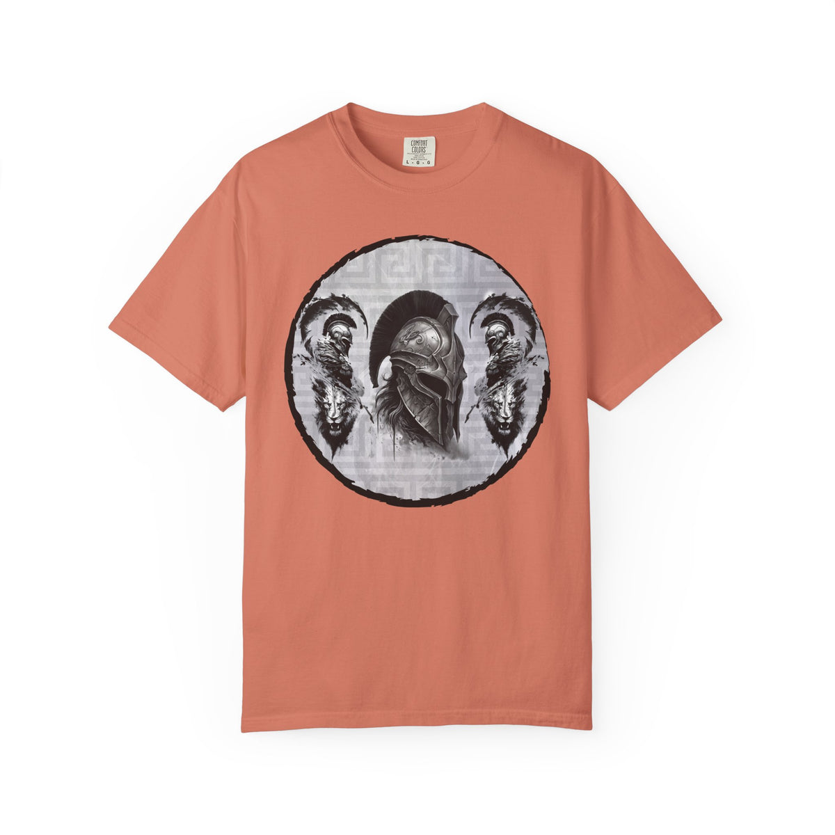 Spartan Warrior T-Shirt – Greek Helmet Circle Design Front & Spear Back | Warrior Graphic Tee