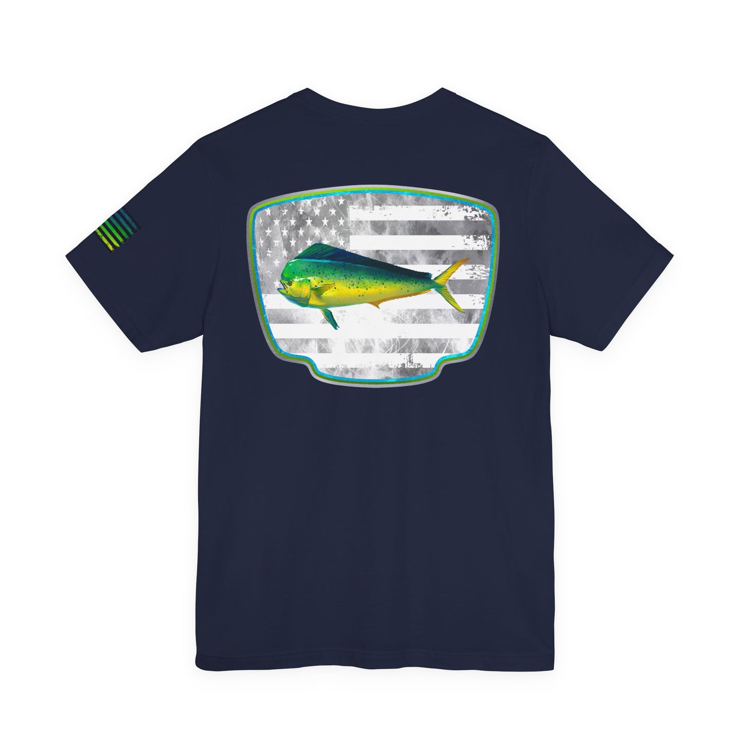 Mahi Mahi Sunglass Badge Tee – White Distressed Flag Fishing Shirt
