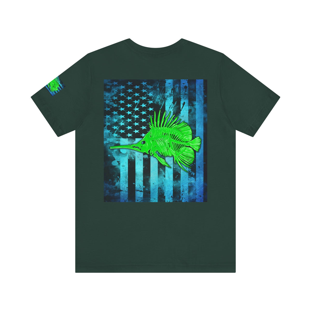 Green Fish Grunge American Flag Tee, Patriotic USA Shirt, Vintage American Flag