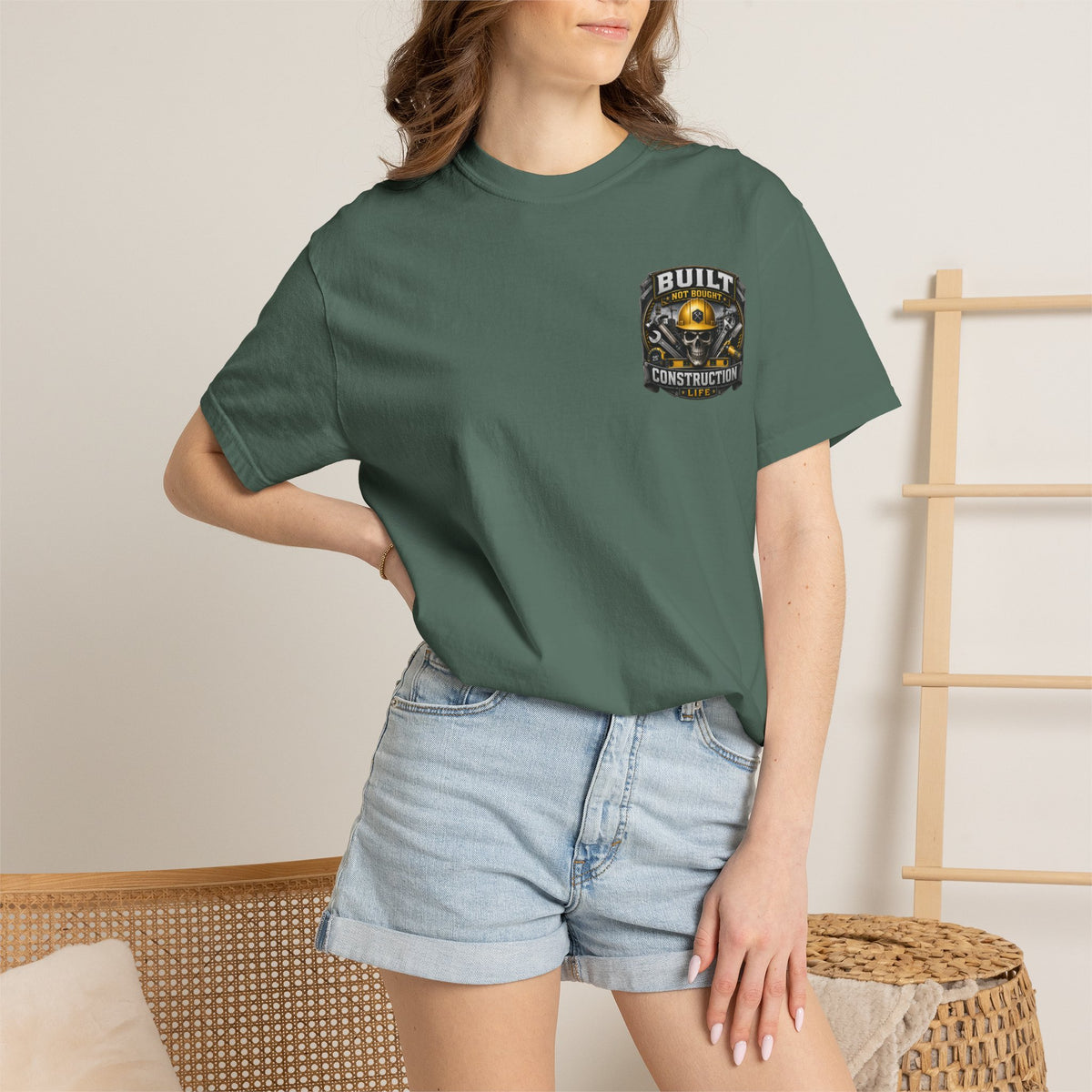 Construction Life T-Shirt — "Built Not Bought" Skull & Hard Hat Crew Tee