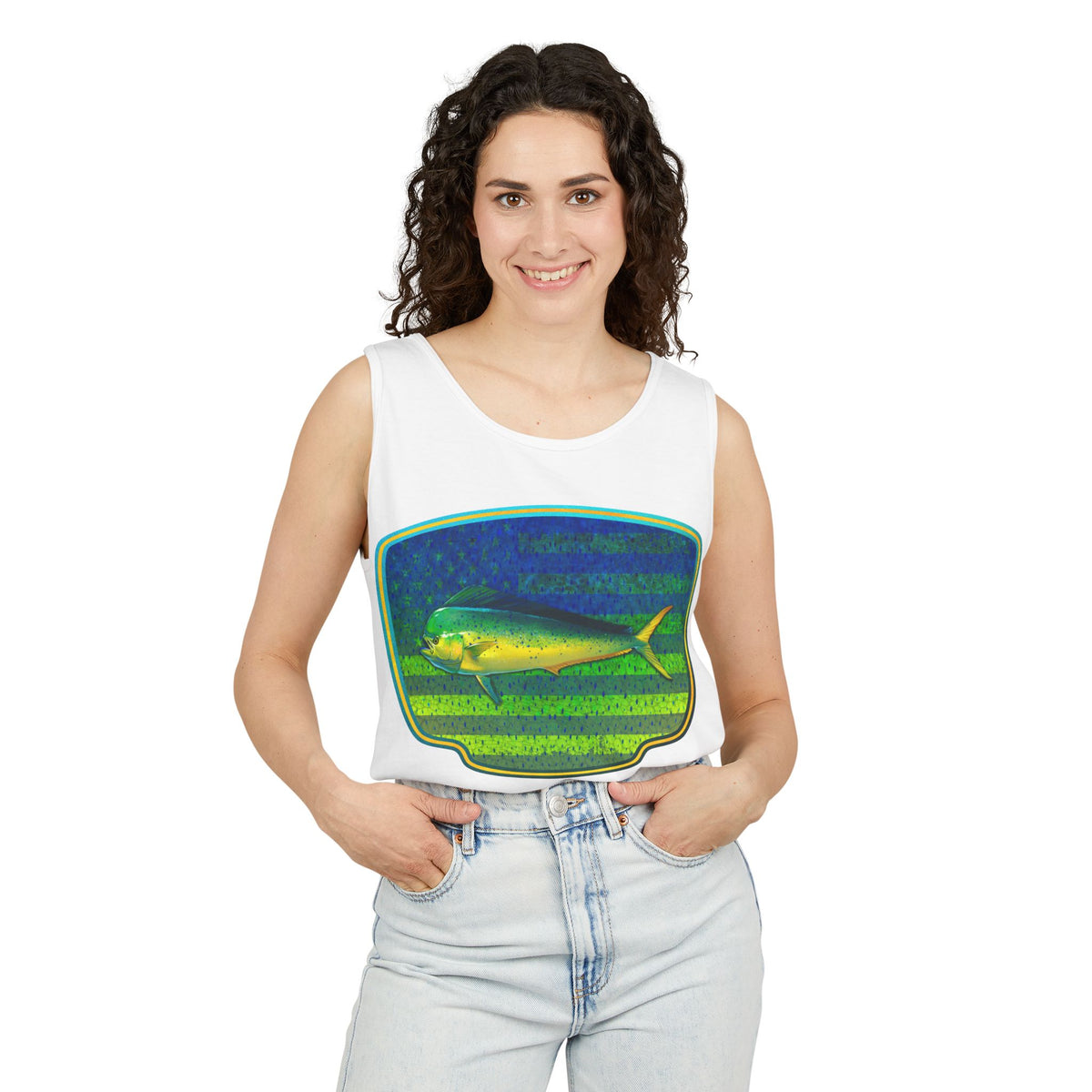 American Mahi Mahi Graphic Tank Top, Summer Apparel, Outdoors Shirt, Fishing Gear, Beachwear, Gifts for Anglers