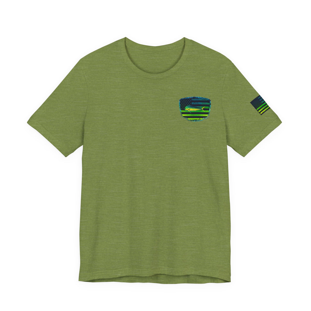 Patriotic Mahi Mahi Flag Tee – Grunge Fishing Badge Shirt for Outdoor Lovers