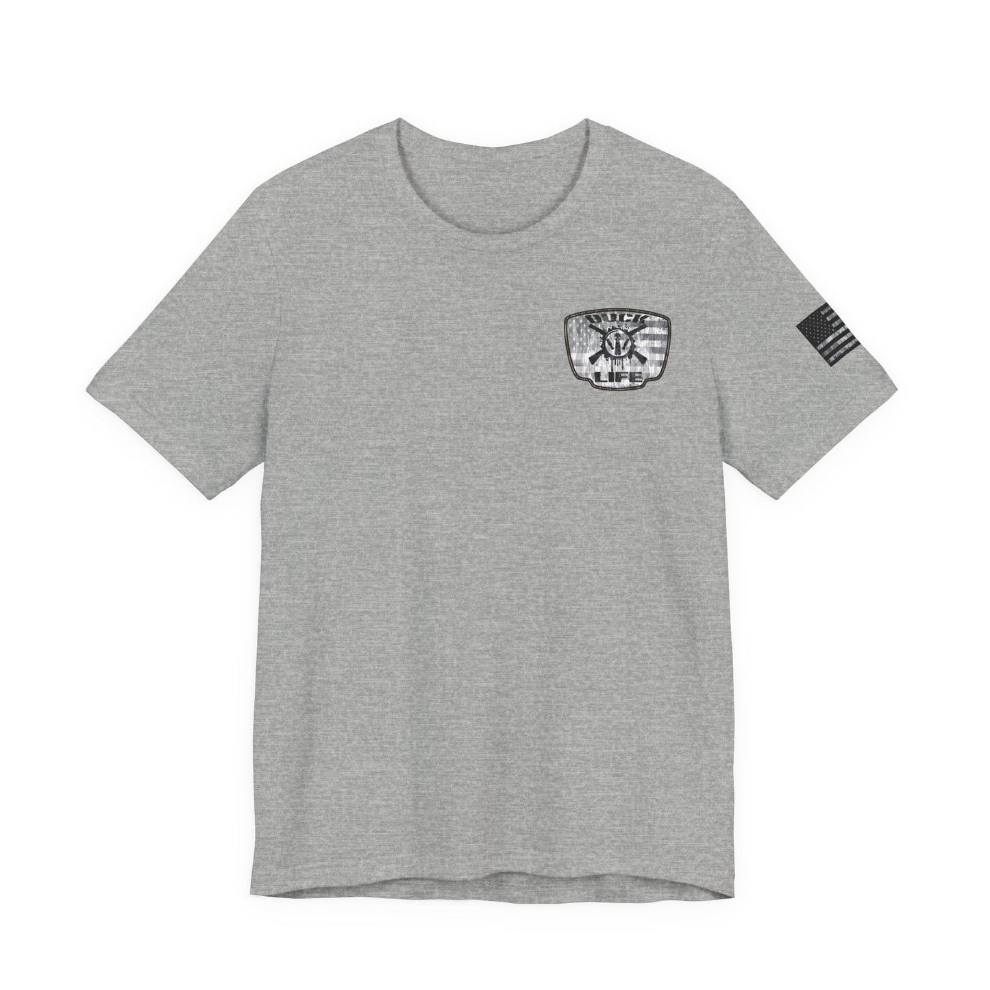 White American Flag Duck Hunting Badge T-Shirt – Mossy Camo Print, Crossed Guns & Duck Skull Graphic