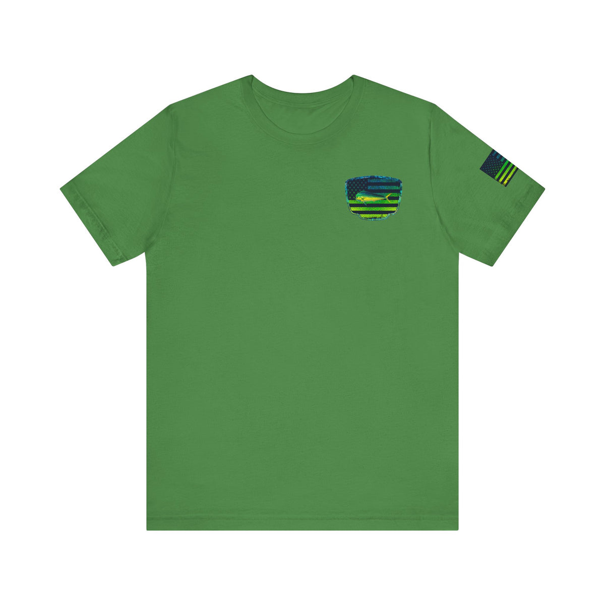 Patriotic Mahi Mahi Flag Tee – Grunge Fishing Badge Shirt for Outdoor Lovers