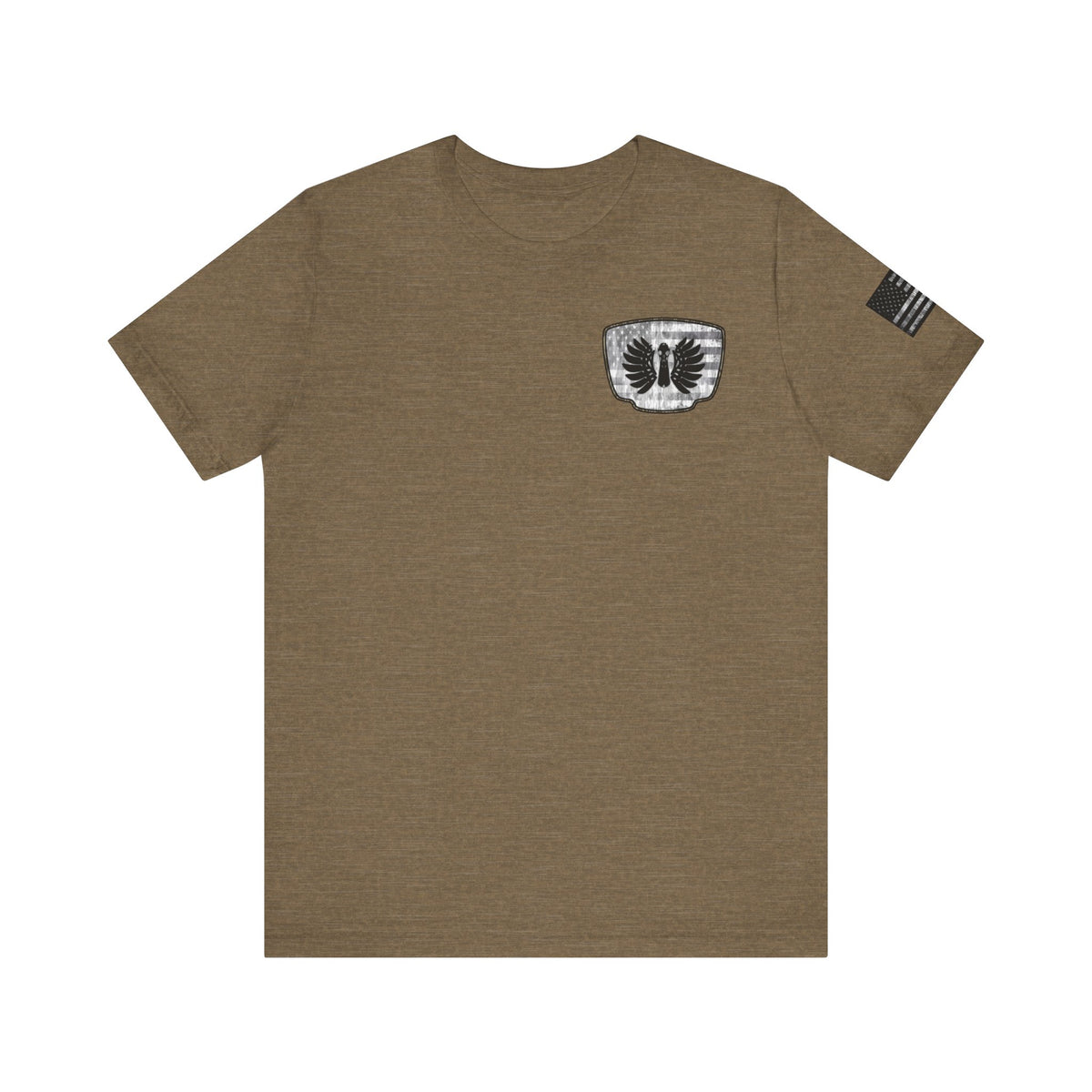 Duck Hunting American Flag Badge T-Shirt – Mossy Camo Print, Crossed Guns & Duck Skull Graphic