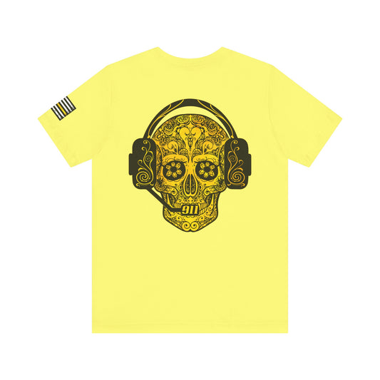 911 Dispatcher Sugar Skull Unisex Tee, Dispatcher Gift, Day of the Dead Shirt, Thin Gold Line,