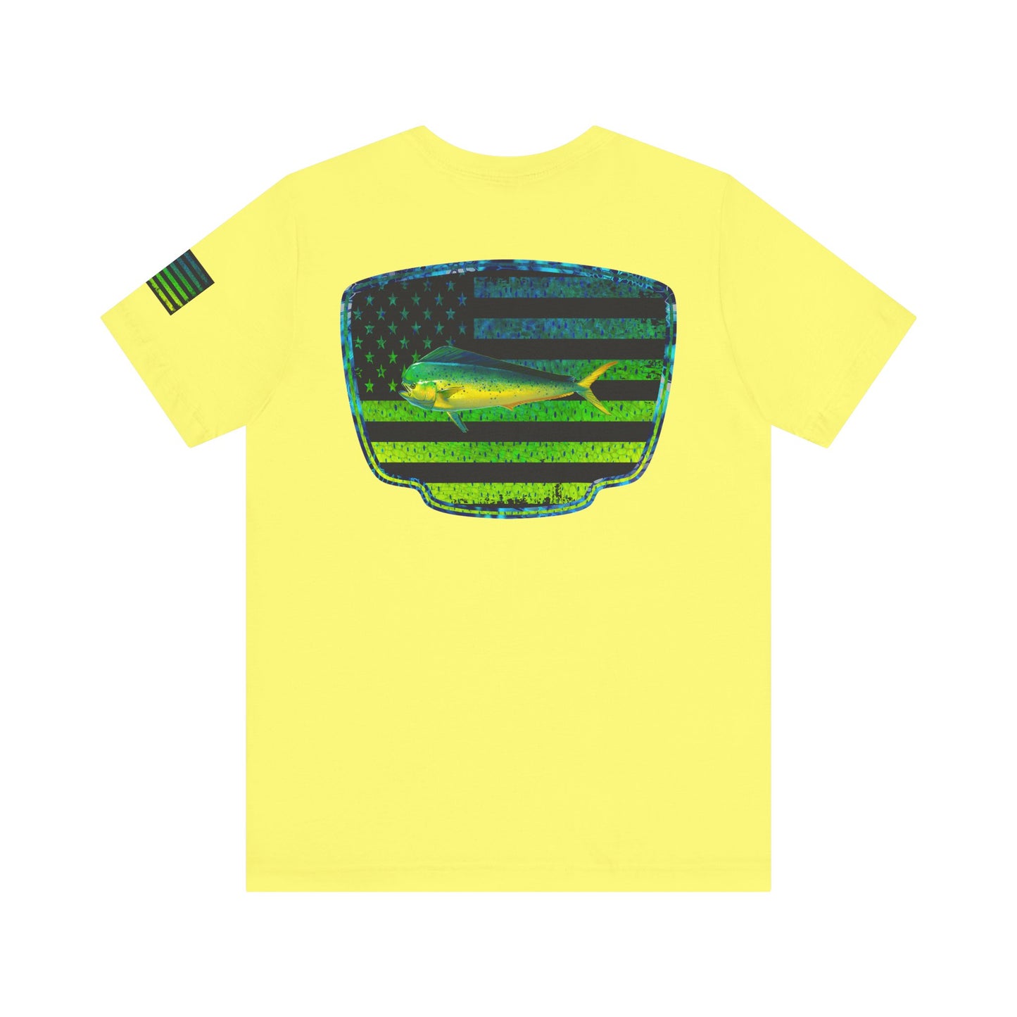 Patriotic Mahi Mahi Flag Tee – Grunge Fishing Badge Shirt for Outdoor Lovers